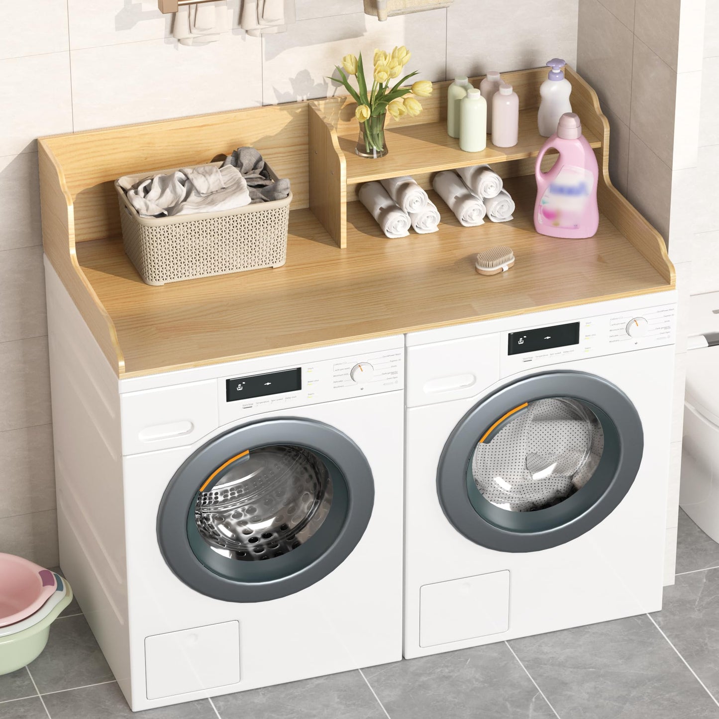 YEMNMFH 2-Tier Washer Dryer Countertop - 54” W x 27.5” D Laundry Room Organization and Storage, 100% Solid Wooden Washer and Dryer Topper, Space-Saving Laundry Countertop with Anti-Slip Pads, Natural