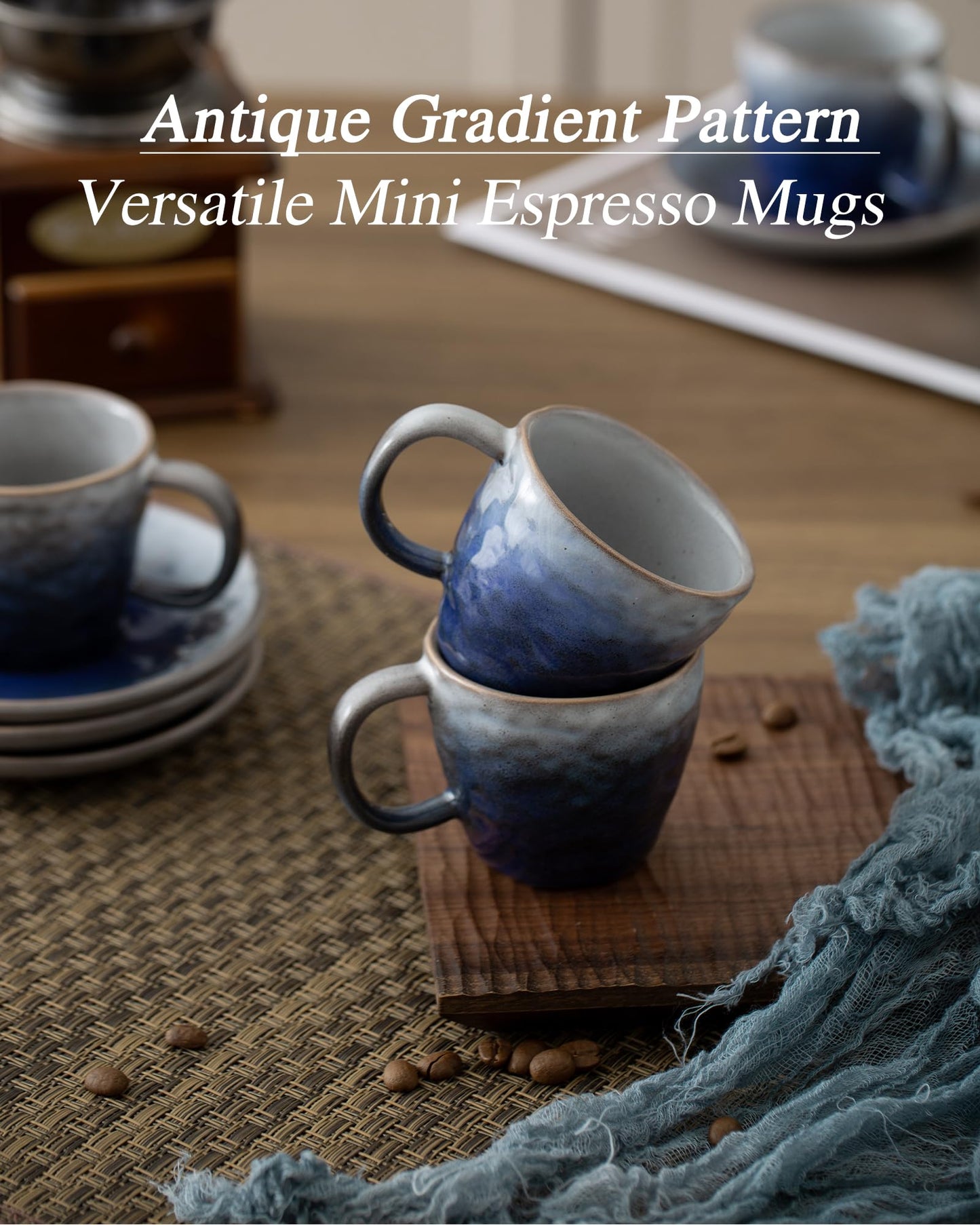 BOILMERIT 3 oz Espresso Cups Set of 4, Mini Italian Double Espresso Coffee Cup, Vintage Small Ceramic Demitasse Cups with Saucer for Lungo Coffee, Blue