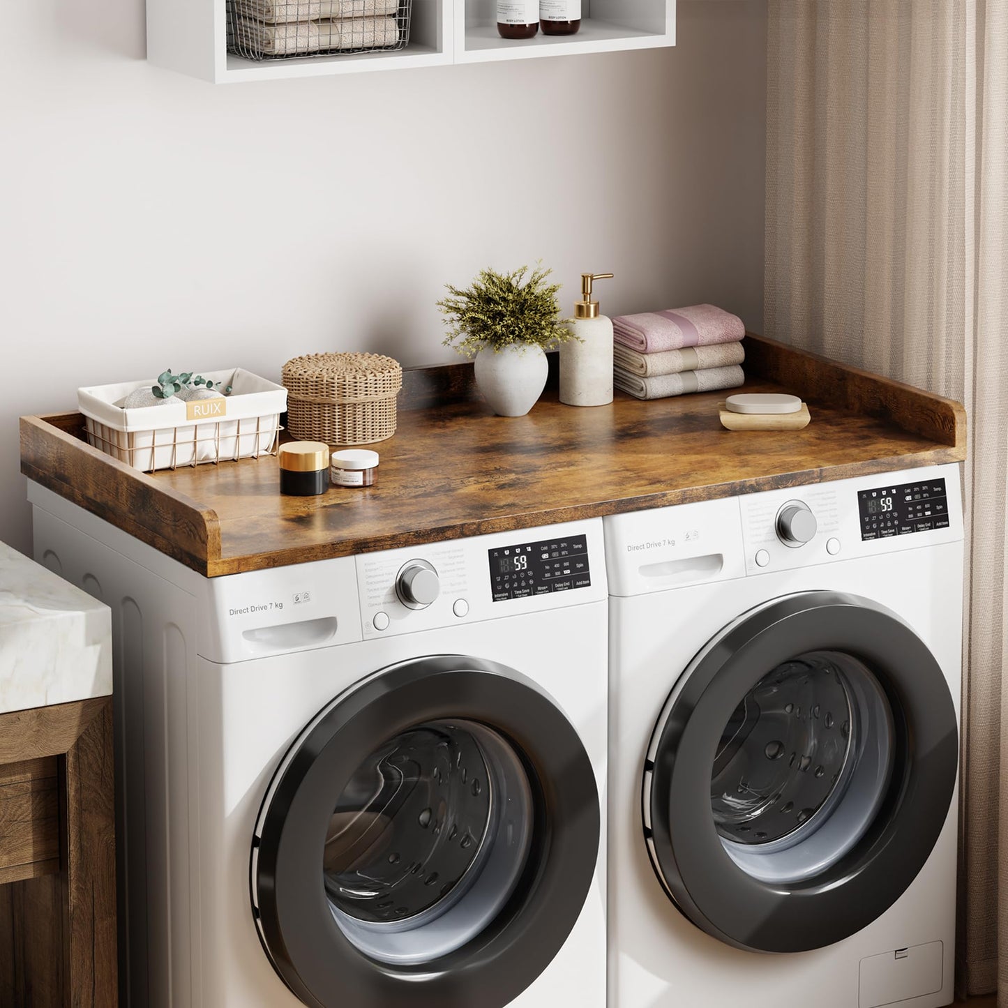 IDEALHOUSE 2-Tier Washer and Dryer Countertop with Shelf or Drawers, Laundry Countertop Cover with Non-Slip Pad, 54"X27.5" Laundry Topper for Folding Clothes Over Washer and Dryer-White