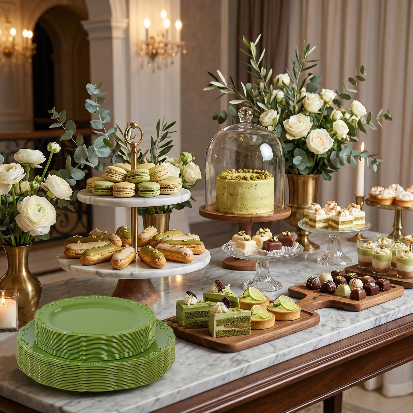 Tinybee 60PCS Green Plastic Plates - Heavy Duty Green Disposable Plates, Elegant Plastic Plates for Bridal Shower, Wedding and Party Including 30 Dinner Plates 10 '' & 30 Dessert Plates 7.5 ''