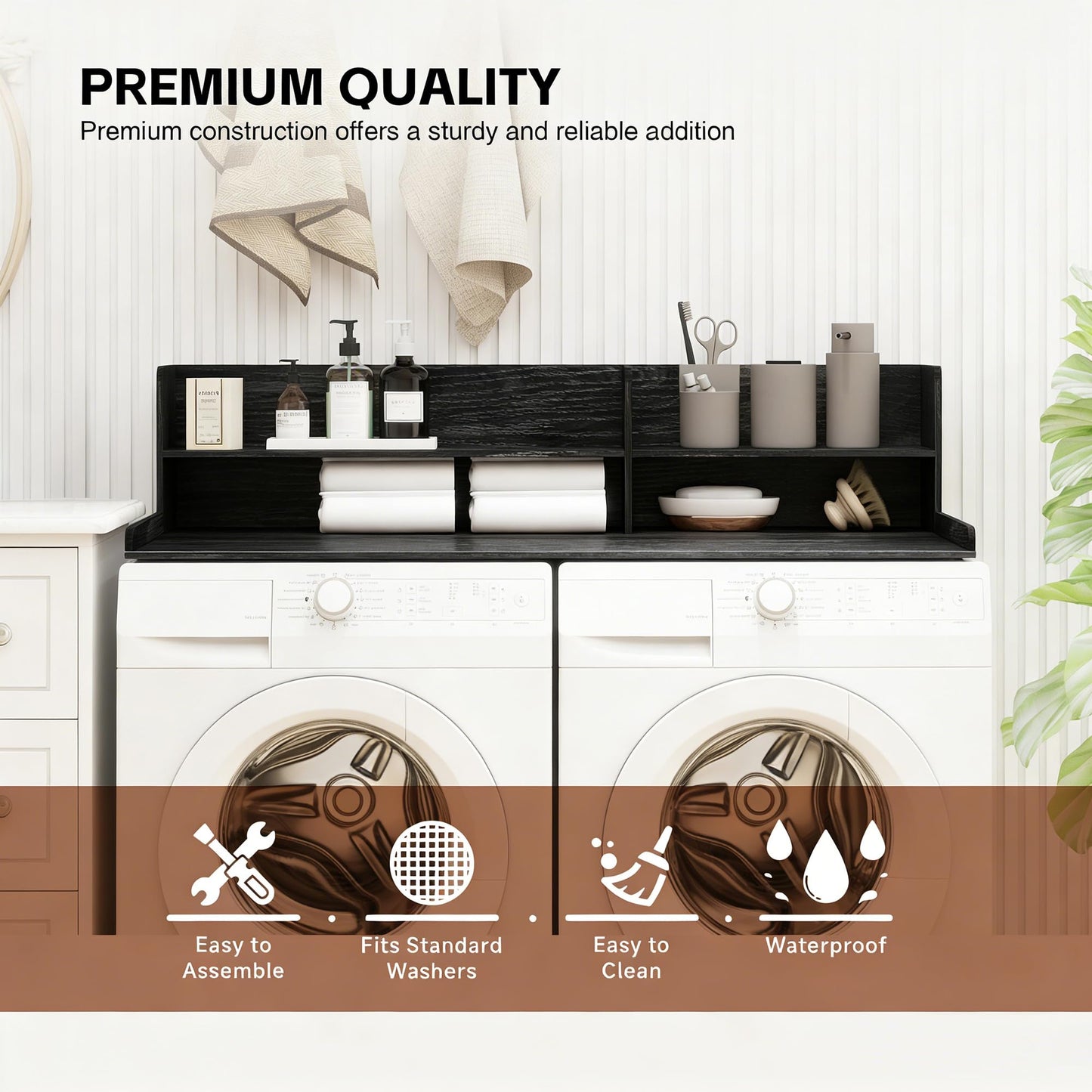 Desility 2 Tier Washer Dryer Countertop with Shelf, 54.7" W X 28.3" D Laundry Countertop with Non-Slip Pad, Wooden Washing Machine Topper for Folding, Sorting & Ironing, Black