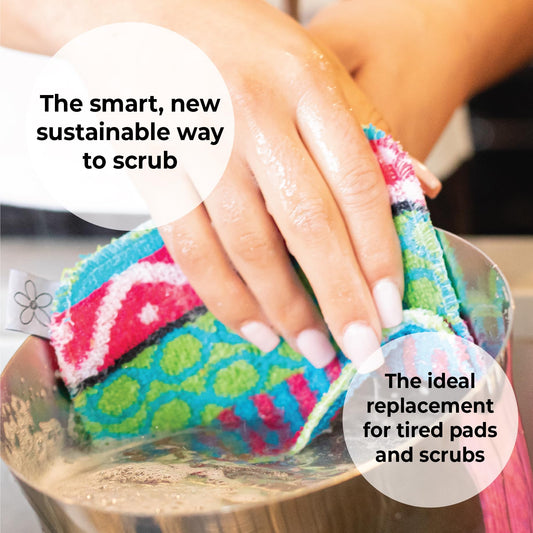 Skoy Scrub, 8-Pack Reusable, Non-Scratching Dish Scrubber for Kitchen and Household Cleaning, Planet-Friendly, Dishwasher Safe Soft Scrub, Assorted Colors and Designs