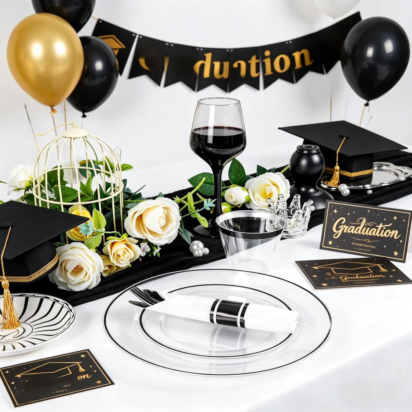 SUT 175 Pcs Black and Clear Plastic Dinnerware Set for 25 Guests, Include: 25 Dinner Plates, 25 Dessert Plates, 25 Pre Rolled Napkins With Silverware, 25 Cups, Disposable Plates for Party