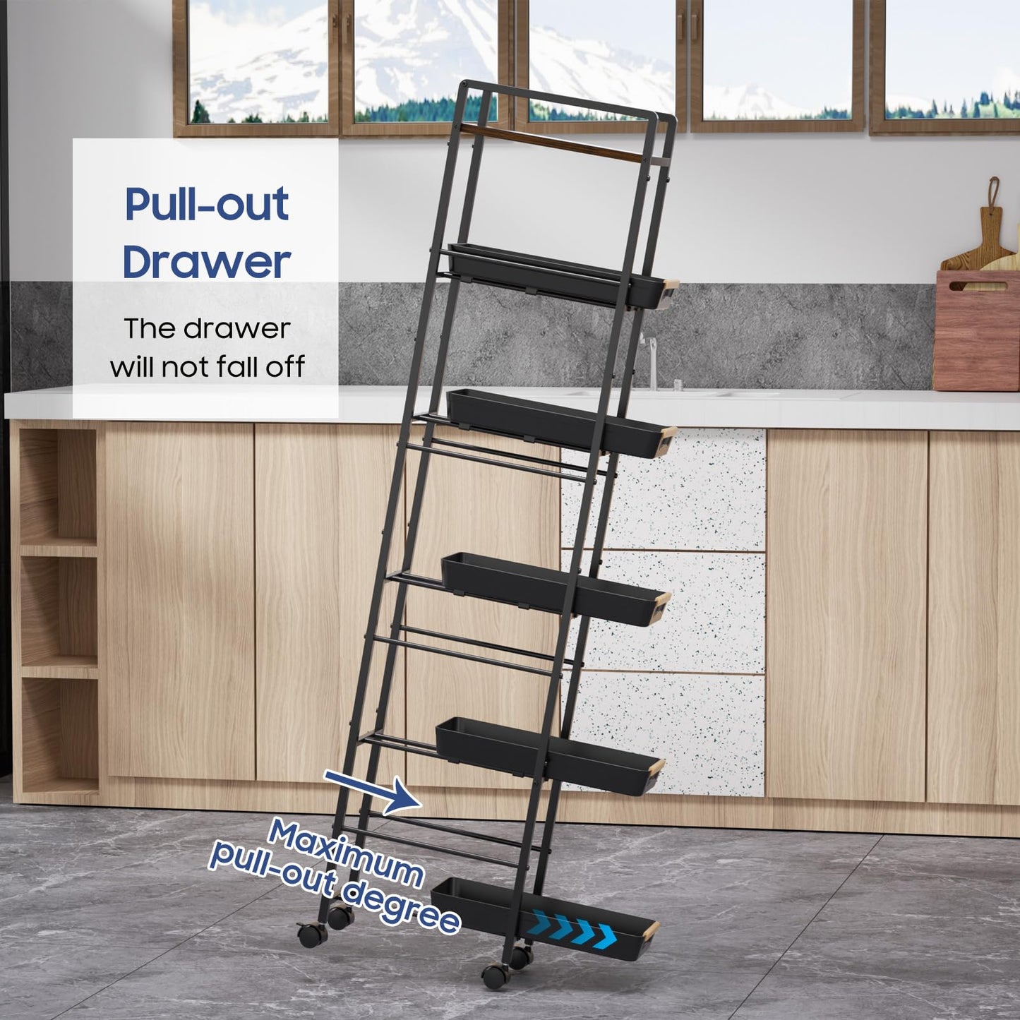 MAYBOSS 6 Tier Slim Storage Cart with Pull-Out Baskets Rolling Cart with Wheels Wood Top Narrow Utility Cart Metal Shelving Units for Pantry Laundry Room Bathroom Kitchen Black 8in(W)