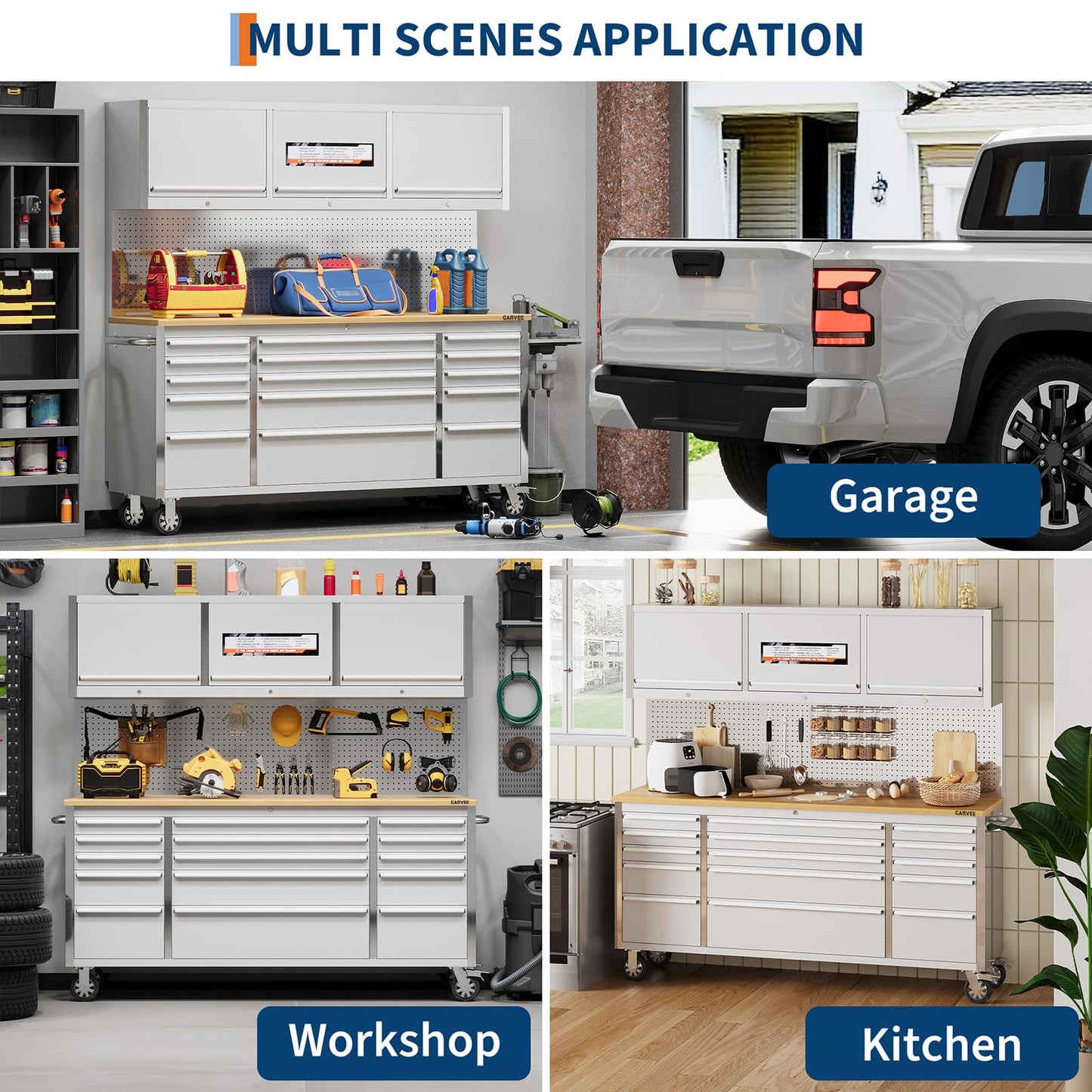 Garvee 72-Inch Heavy-Duty Rolling Tool Chest & Mobile Workbench with 9 Drawers & 3 Top Cabinet, Rubber Wood Tabletop, Key Locking System, Drawer Liners & Wheels, Steel Storage Cabinet for Garage