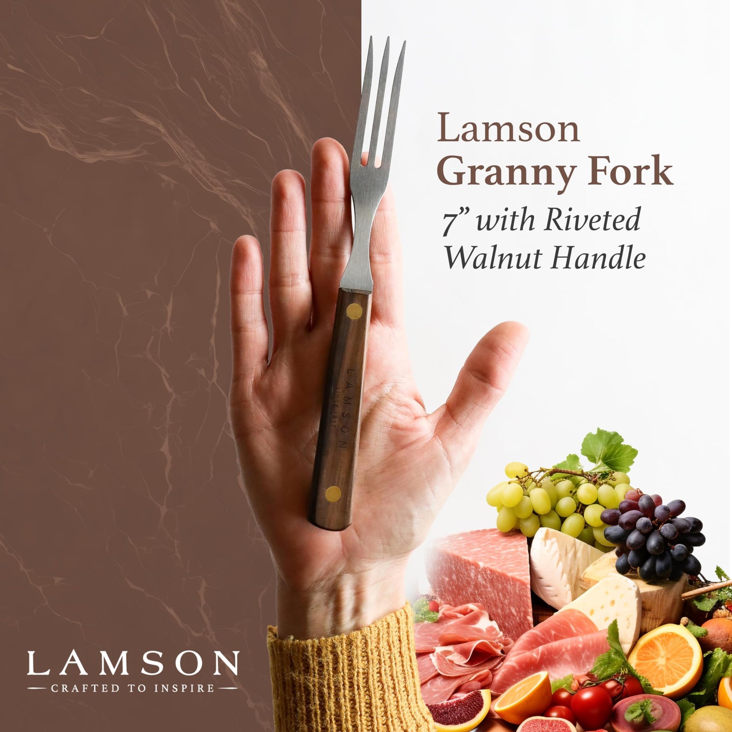 Lamson 7" Granny Fork with 3-Tines - High-Carbon Stainless Steel Forks, Riveted Walnut Handle - Versatile Kitchen Dinner utensil for Meat, Vegetables - Handcrafted in USA