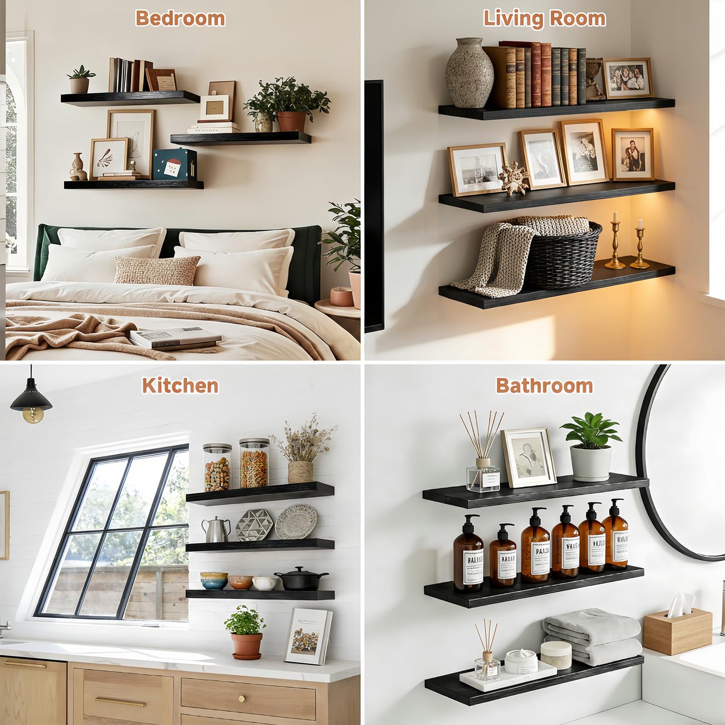 Duvique Easy Install Floating Shelves, Wall Mounted Wood Shelf,Hanging Shelf for Home Decor, Books and Storage, Small Organizer for Bedroom, Bathroom, Kitchen, 15.7 Inch Set of 3, Black