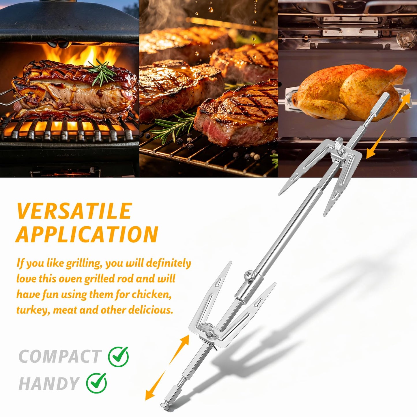 Abaodam Adjustable Rotisserie Fork 1/4 inch Rotisserie Spit Rod for Air Fryer, Stainless Steel Replacement Meat Fork, 15” Telescopic for Oven Air Fryer Accessory