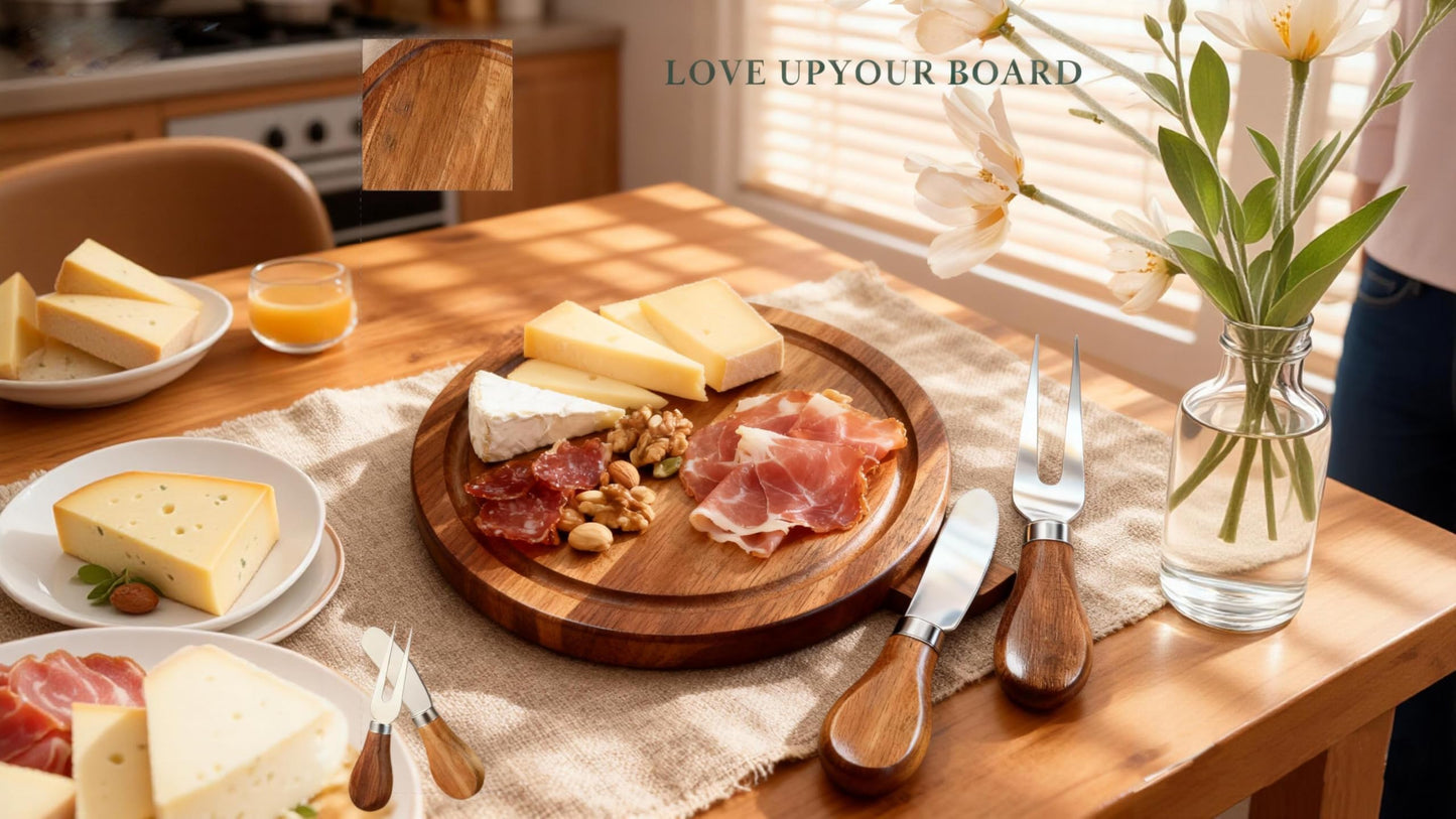 KinShare 4-Pack Small Personal Charcuterie Cheese Board Set & Serving Tray- 6 Inch Mini Appetizer Plate with Knives & Forks, Acacia Wood Gift package for Wedding, Bridal & Baby Shower Party Gift