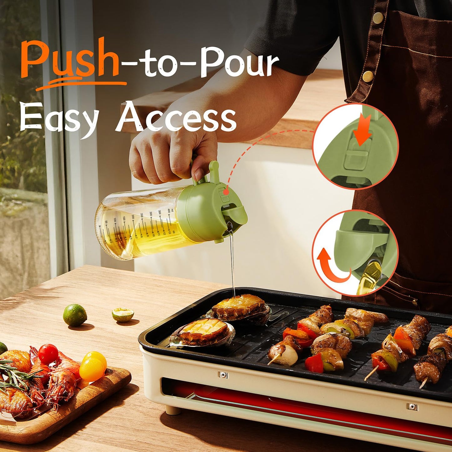 TrendPlain 16oz/470ml Glass Olive Oil Sprayer for Cooking – 2 in 1 Olive Oil Dispenser Bottle for Kitchen Gadgets and Air Fryer Accessories, Salad, BBQ - Green