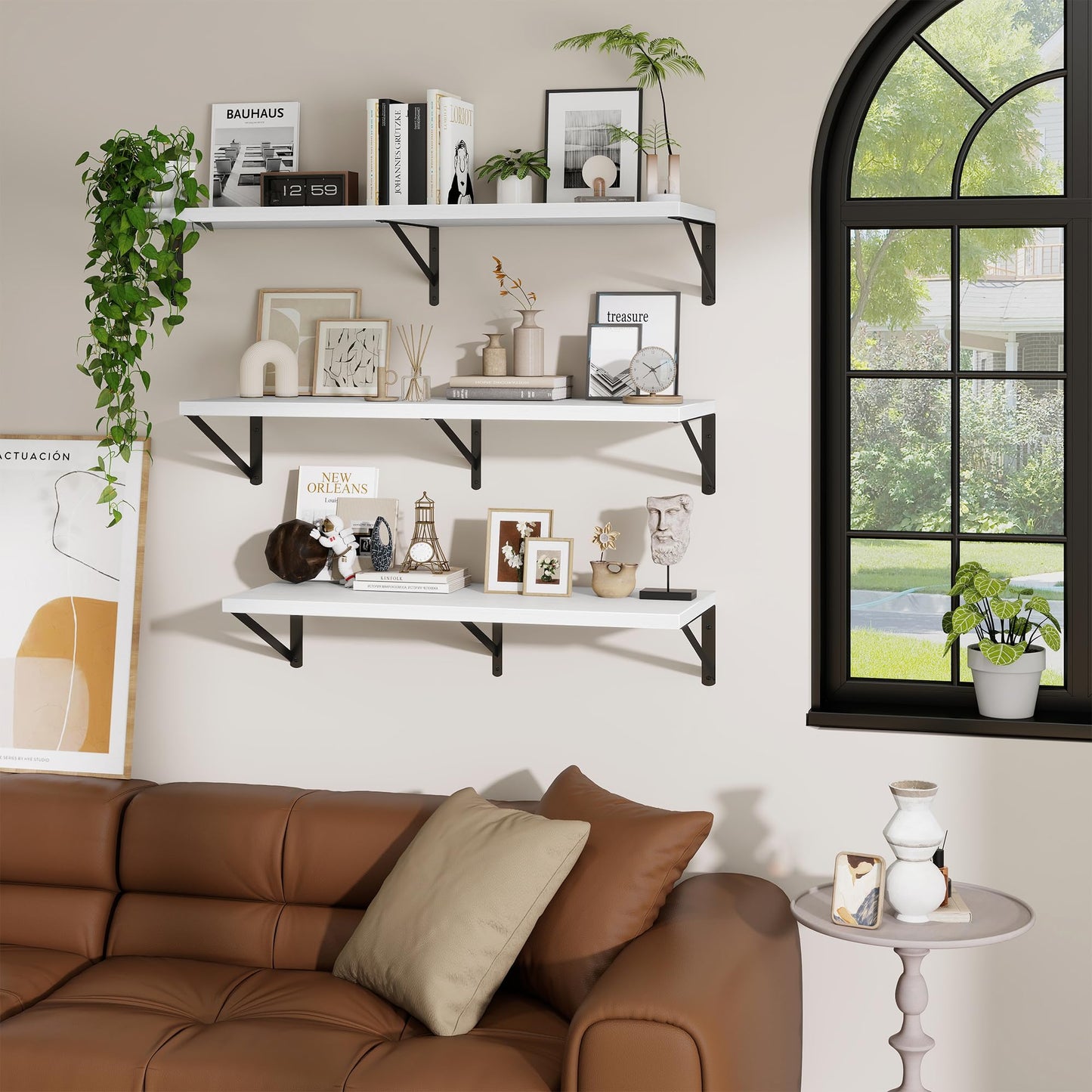 Deep Wall Shelves 30"W x 12"D Engineered Wood Floating Shelves for Wall, Sturdy Metal Bracket Bookshelves Home Decor Storage for Living Room Bedroom Bathroom Kitchen, Set of 2, White Finish