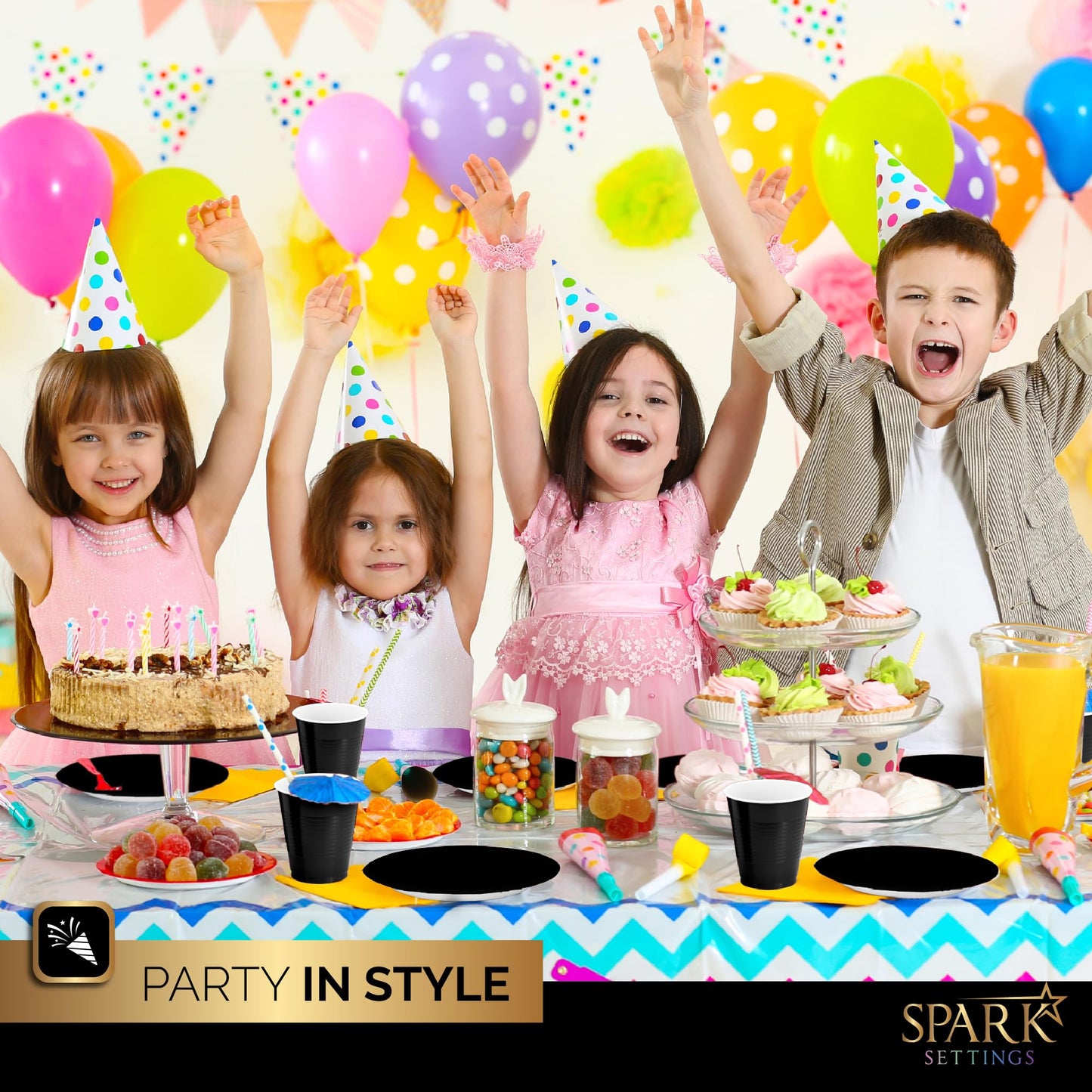 Black Party Supplies Set Paper Plates Plastic Cups Forks Knives Spoons Napkins Tablecloth Serves 20 Guests Disposable Dinnerware Set of 222 Pieces, Complete Tableware for Party - By SparkSettings