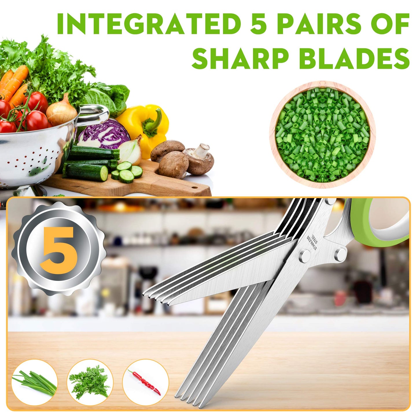Herb Scissors with 5 Blades and Cover, Kitchen Herb Cutter with Cleaning Comb, Stainless Steel Multi Blade Herb Shears for Basil Parsley Cilantro, Easy Clean Cooking Tool, Unique Kitchen Gadgets Gift