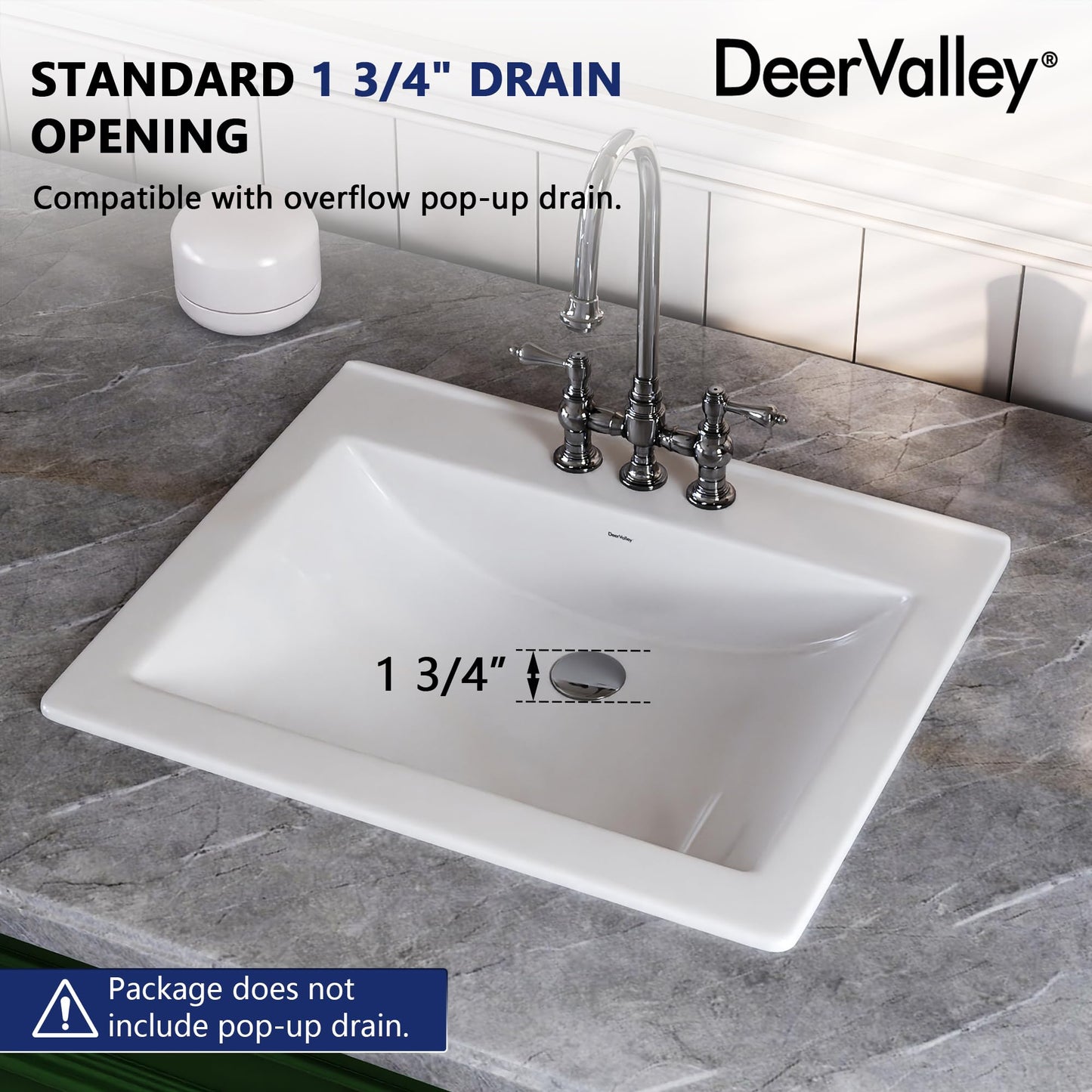DeerValley 21x18 Inch Rectangular Ceramic Drop-in Bathroom Sink, Under Counter Vessel Sink with Overflow, White Vanity Basin