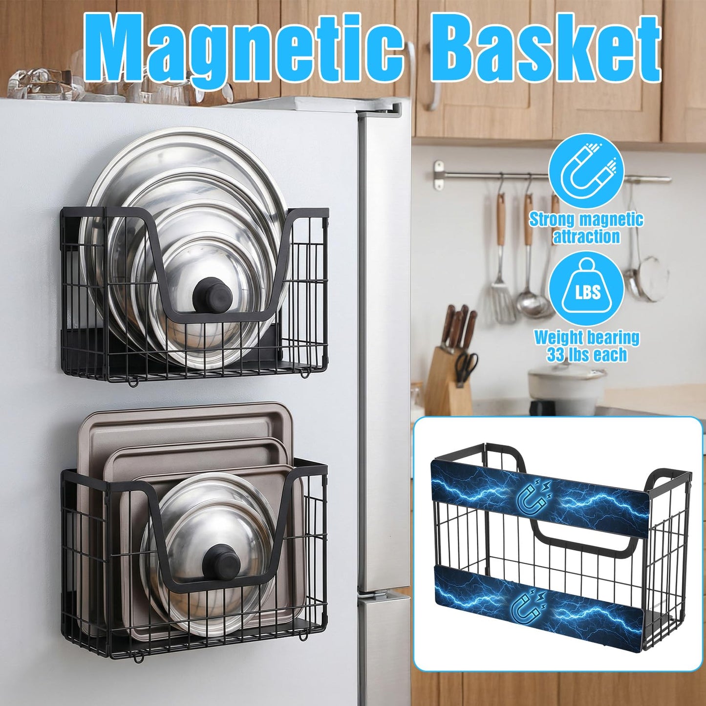 2-Pack Magnetic Shelves for Refrigerator – Heavy Duty Storage Baskets with Hooks, Space-Saving Fridge Organizer for Fruits, Vegetables, Snacks, Laundry & Kitchen Supplies