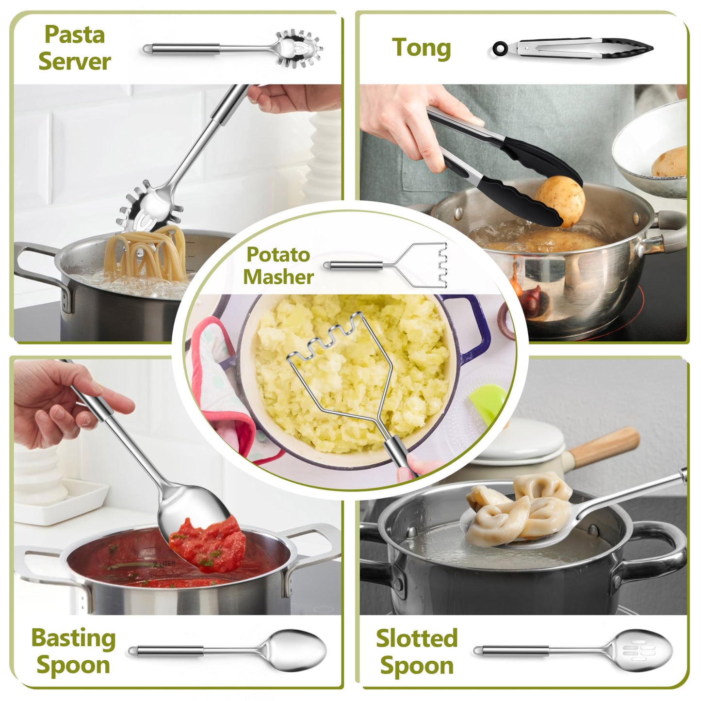 E-far Cooking Utensils Set, 10-Piece Stainless Steel Kitchen Utensils with Holder, Metal Heat Resistant Kitchen Cookware Tool Spatula Set for Cooking, Easy Clean & Dishwasher Safe