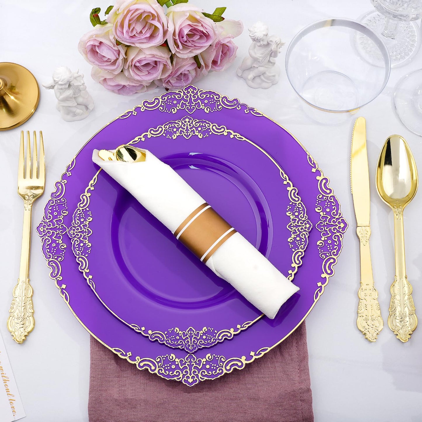 Realluck 350 PCS Purple and Gold Plastic Plates, Plastic Dinnerware Set for 50 Guests, 100 Disposable Plates, 150 Silverwares, 50 Cups, 50 Napkins for Party, Wedding, Graduation