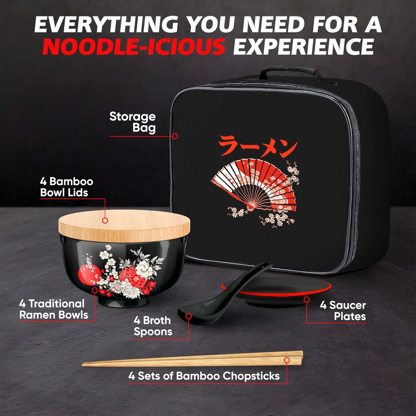 i2 Home Japanese Ramen Bowl Set of 4-20 Pcs, 32 Oz Ceramic Microwaveable & Dishwasher Safe Large Noodle Bowls with Lid & Built-In Chopstick Holder, Pho, Udon, Thai, Korean, Rice - 6.5 Inch