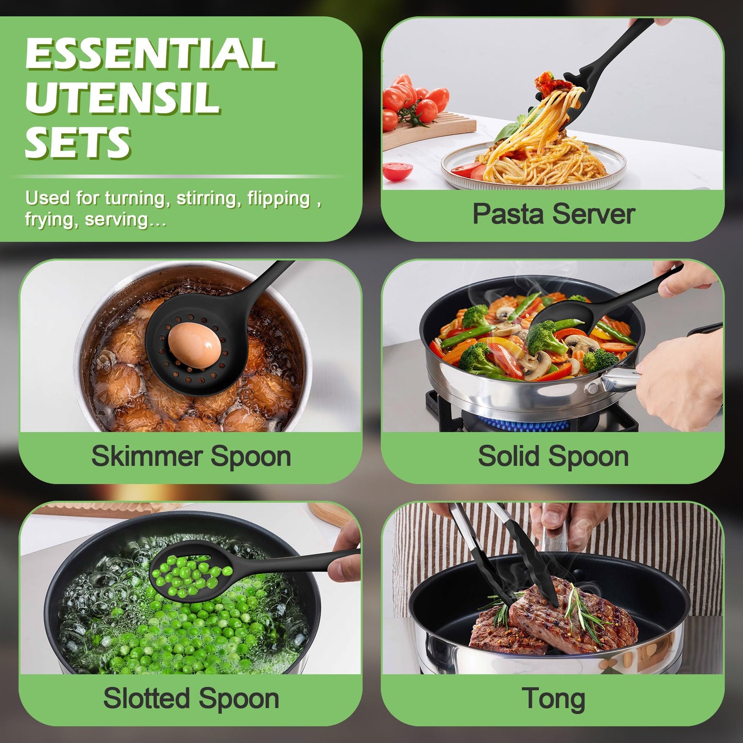 Homikit Silicone Cooking Utensil Set, 15pcs Kitchen Utensils with Holder for Nonstick Cookware, Heat Resistant Nontoxic Silicone Spatula Set Dishwasher Safe Kitchen Tools for Baking-Black