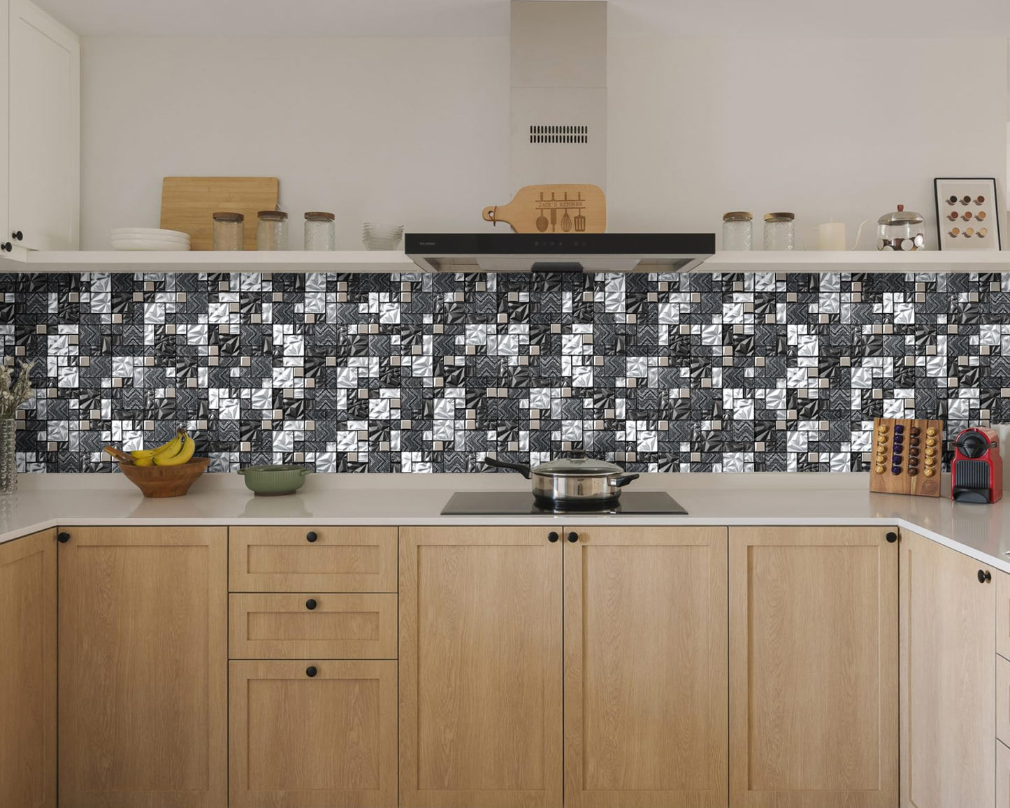 Elephantile Black & White Glass Tiles Kitchen Bathroom Wall Backsplash Mosaic Versailles Pattern [Set of 5]