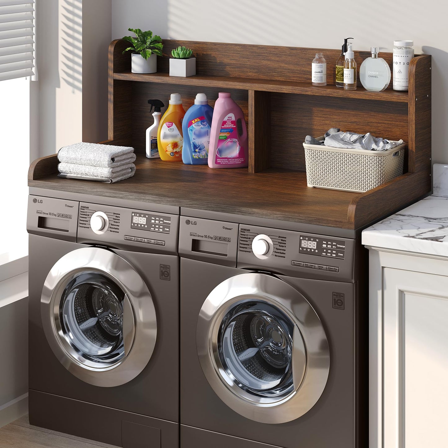 Corbyles 2-Tier Washer Dryer Countertop, 18.5" Raised Height Laundry Countertop with Edge Rails and Non-Slip Pad, 54"W x 27.55"D Washer and Dryer Topper for Laundry Room Storage Organization (Brown)