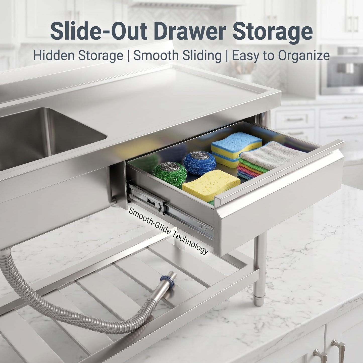 Freestanding Utility Sink 47" x 20" x 37", Left Side Single Bowl with Right Side Countertop and Storage Drawer, Stainless Steel Laundry Sink with T Shape Faucet, Workbench for Garage or Laundry Room