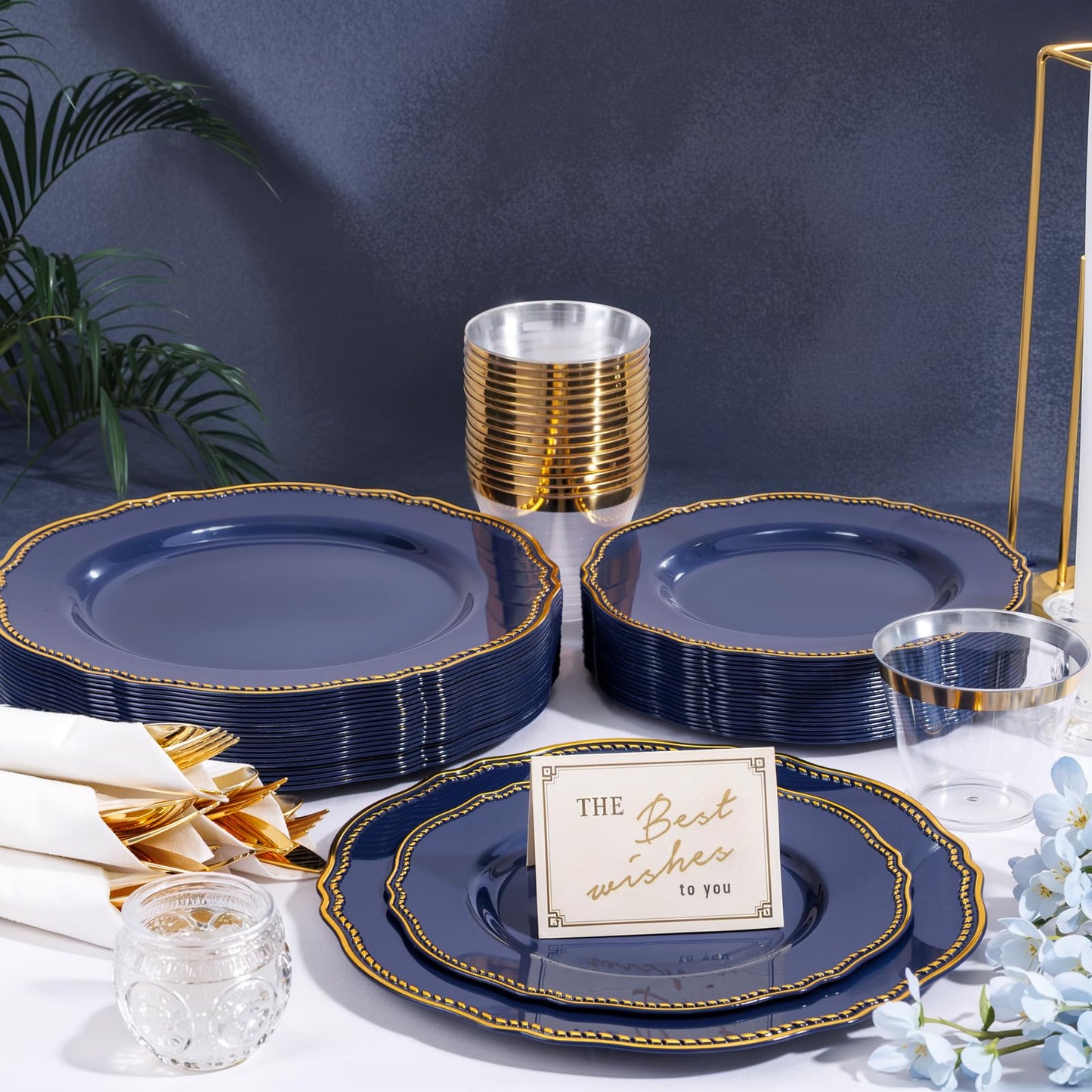 Hioasis 350pcs Blue and gold Plastic Plates - Blue Plastic Dinnerware Set Includes 50 Dinner Plates, 50 Dessert Dinnerware, 50 Cups, 50 Rolled Napkin Cutlery Perfect for Wedding