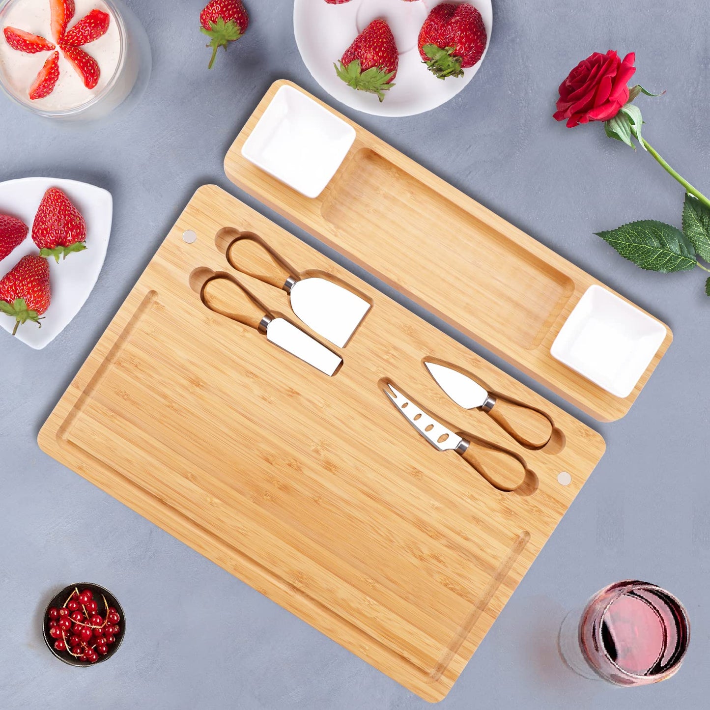 Charcuterie Boards Set, Cheese Board and Knife Set with 2 Ceramic Bowls, Bamboo Cheese Tray Serving Board - Unique, Wedding, Housewarming, Birthday Gifts