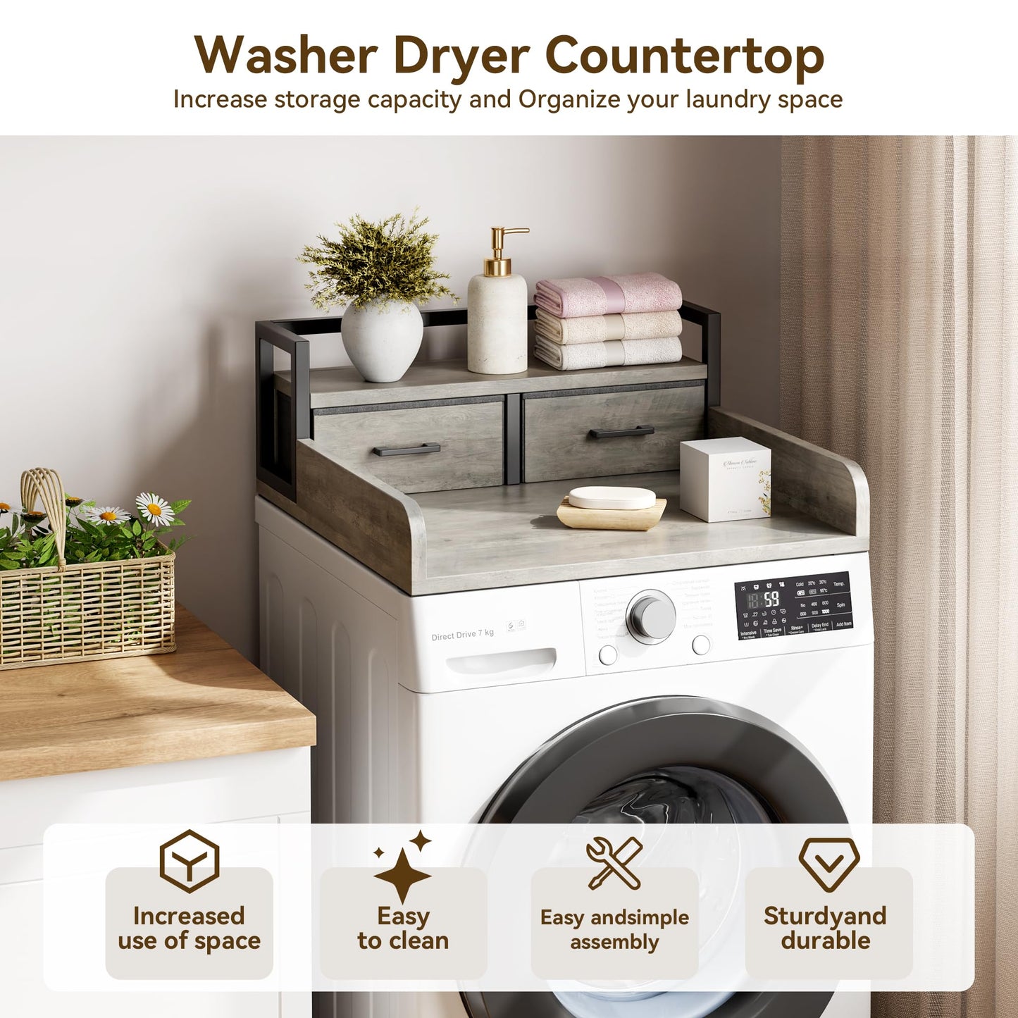 IDEALHOUSE 2-Tier Washer and Dryer Countertop with Shelf or Drawers, Laundry Countertop Cover with Non-Slip Pad, 54"X27.5" Laundry Topper for Folding Clothes Over Washer and Dryer-Grey