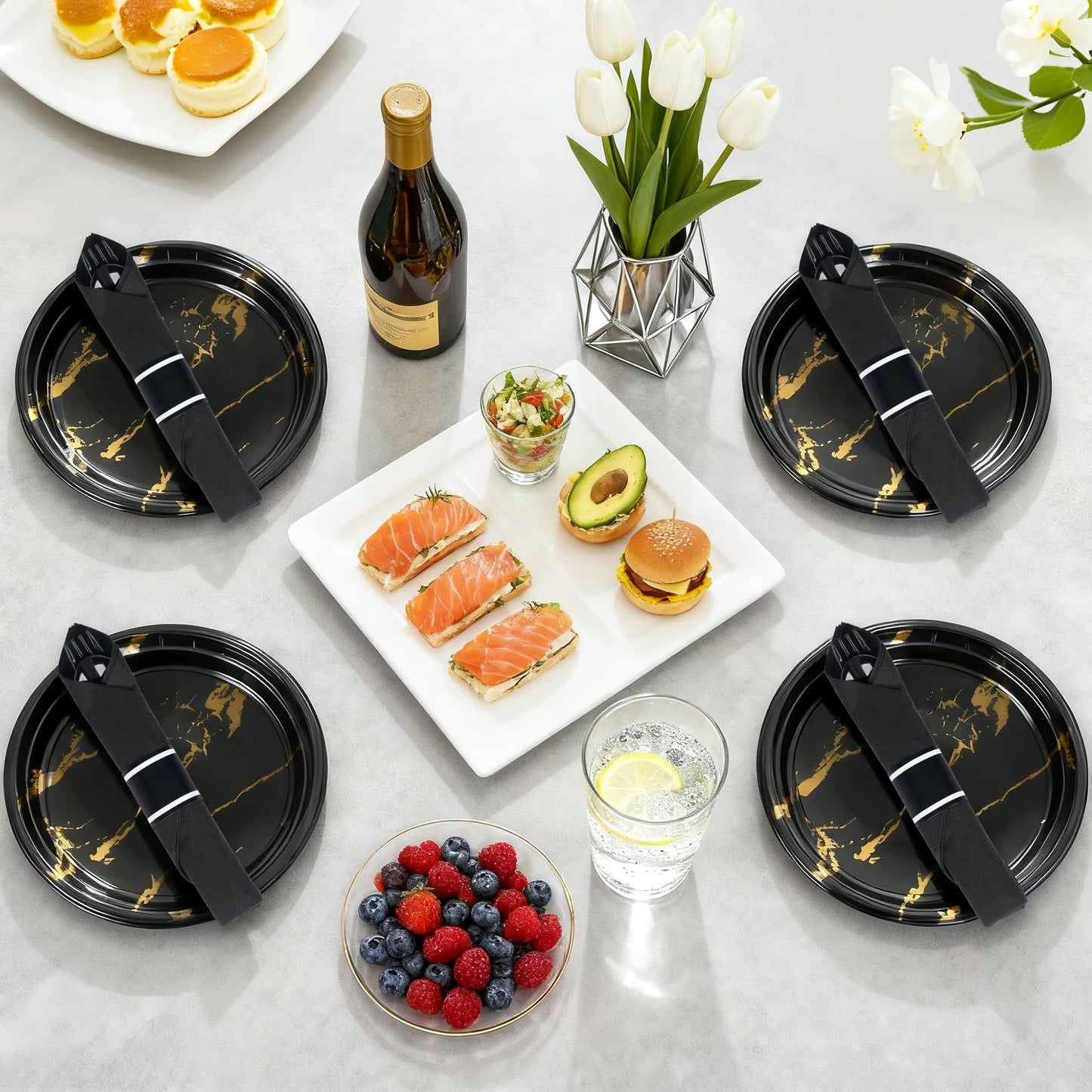 Dlebay 50 Pack Pre Rolled Black Plastic Silverware Set,Wrapped Plastic Cutlery Set with Napkin Include 50 Forks,50 Spoons,50 Knives and 50 Black Napkins for Party,Wedding