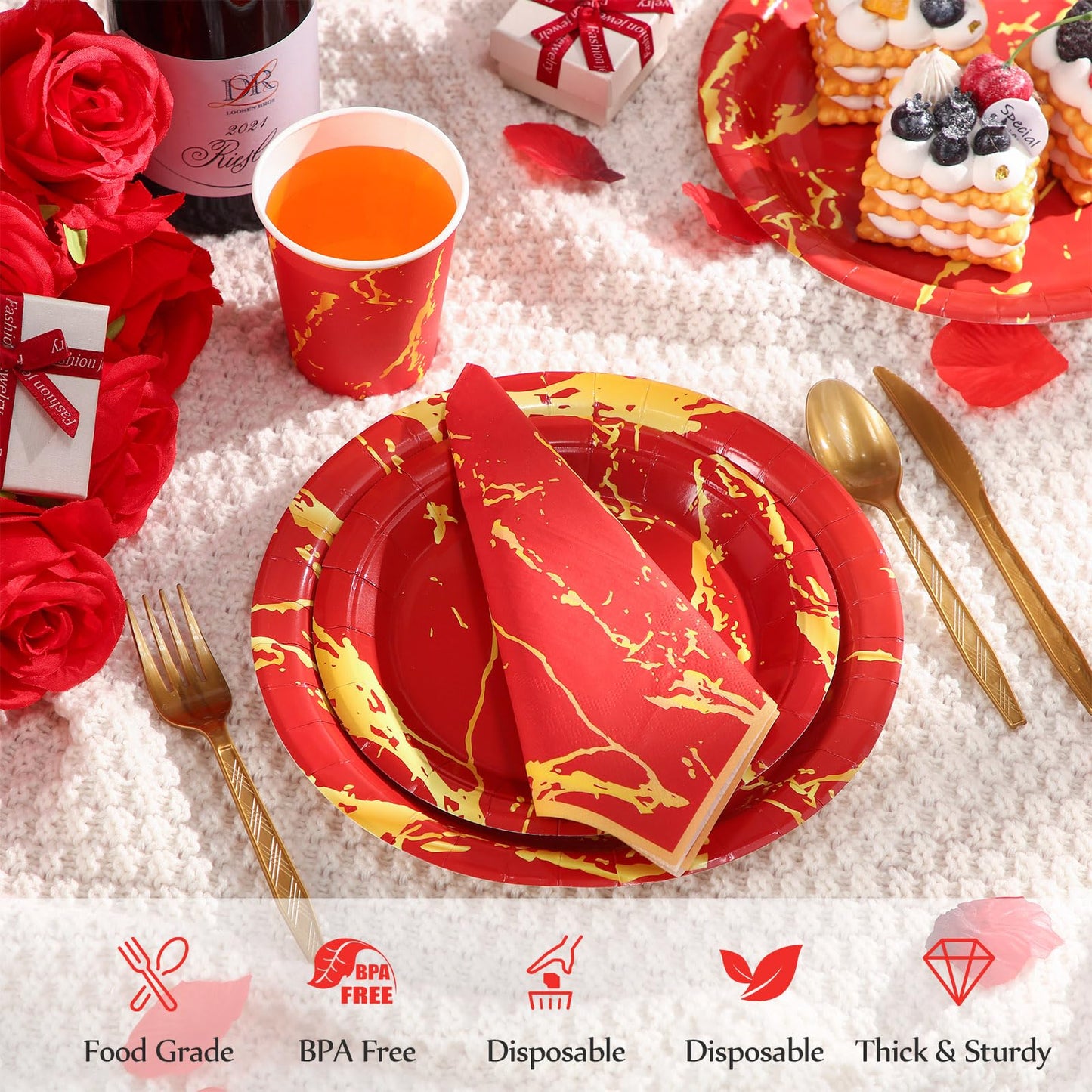 Bokon 350 Pcs Red Gold Party Supplies Disposable Dinnerware Set Include 100 Plates 50 9 oz Paper Cup 50 Sets Spoon Fork Knives 50 Napkin for 50 Guests Wedding Birthday Valentines Party Decoration