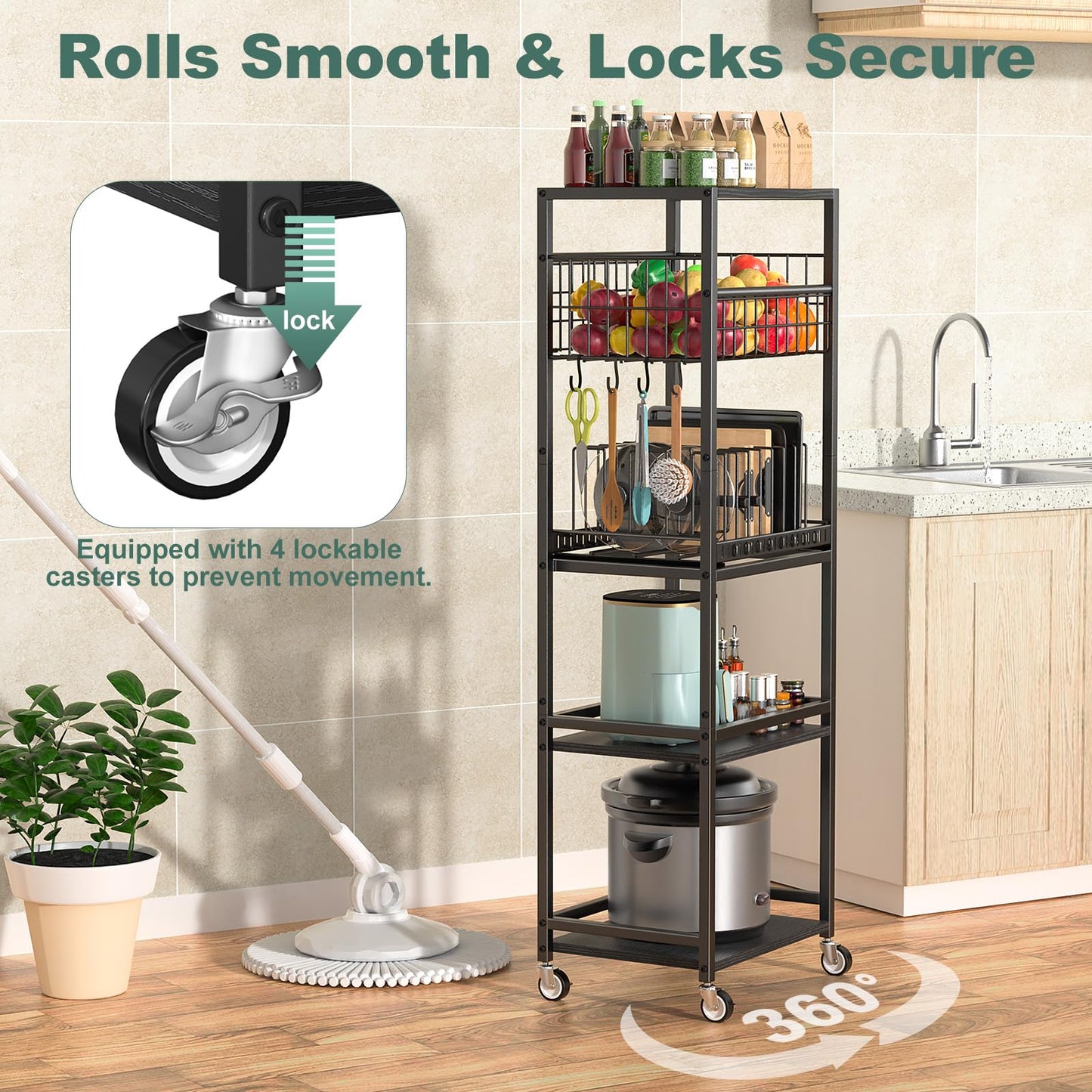 Housolution 5 Tier Kitchen Rolling Cart, Storage Cart with Metal Fruit Vegetable Basket and Pull-Out Pot Lid Cutting Board Organizer, Storage Rack with Wooden Top for Kitchen, Pantry, Bathroom