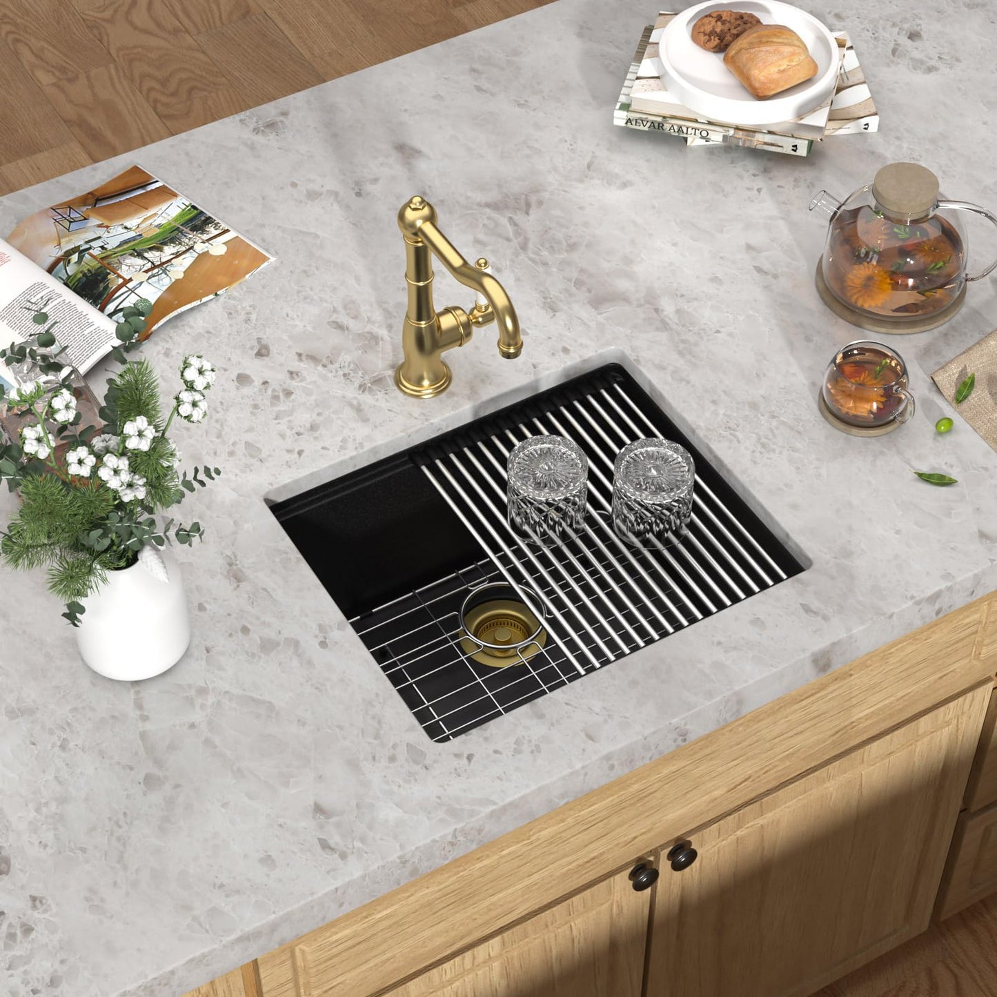 Talllor 21x18 Inch Undermount Bar Sink Workstation - Matte Black Granite Composite Single Bowl Classic Quartz Under Counter Wet Prep Sink for Kitchen Bar, RV, Boat, and Outdoor #TLGU-129
