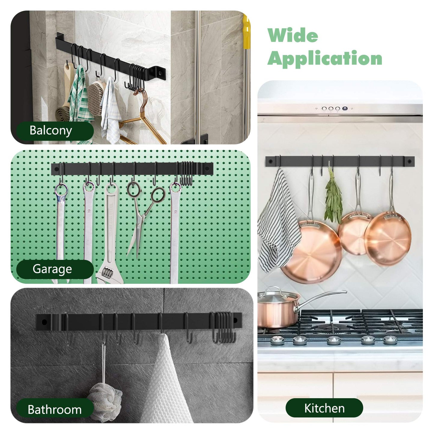 Housolution Kitchen Rail with 15 Hooks, 16 Inch Wall Mounted Hanging Utensil Rack Kitchen Utensil Hanger for Kitchen, 1 Pack, Black