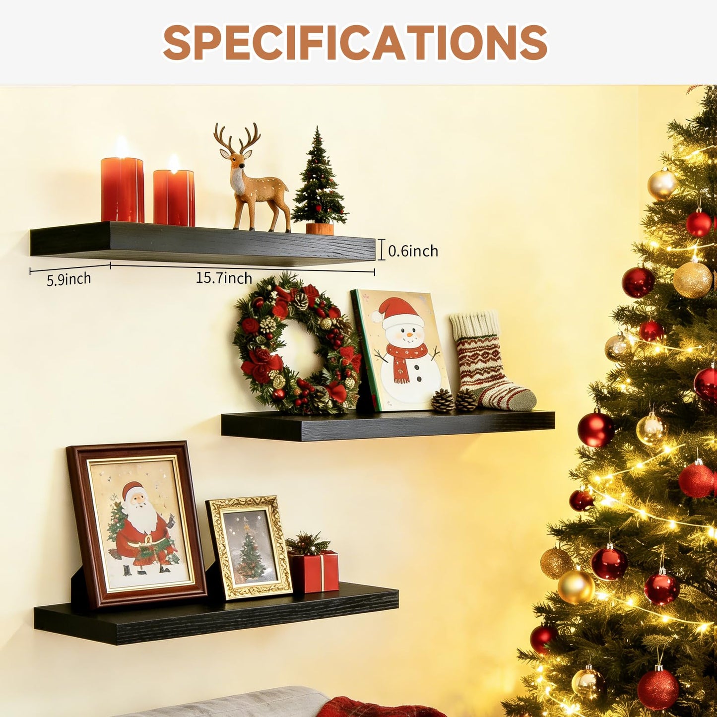 Duvique Easy Install Floating Shelves, Wall Mounted Wood Shelf,Hanging Shelf for Home Decor, Books and Storage, Small Organizer for Bedroom, Bathroom, Kitchen, 15.7 Inch Set of 3, Black