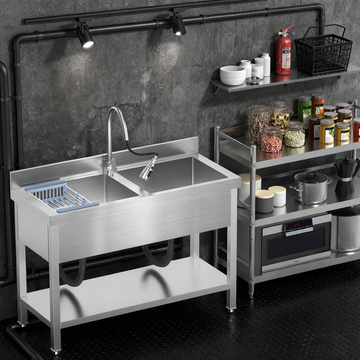Stainless Steel Utility Double Bowl Sink with Faucet ，Drainboard & Lower Shelf - Heavy Duty Kitchen Prep & Cleaning Station for Restaurant, Garage, Laundry Room.