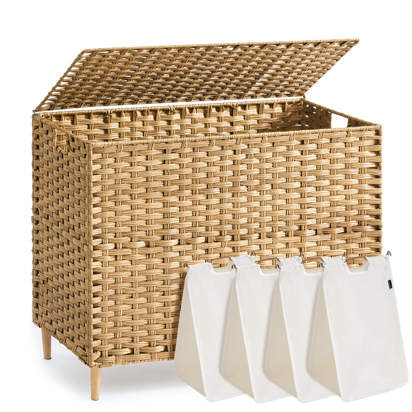 SONGMICS 4-Section Laundry Hamper with Lid, 55.4 Gal (210L) PE Rattan Laundry Basket with Removable Washable Liners, for Bedroom & Living Room, Goose Yellow ULCB224YE01