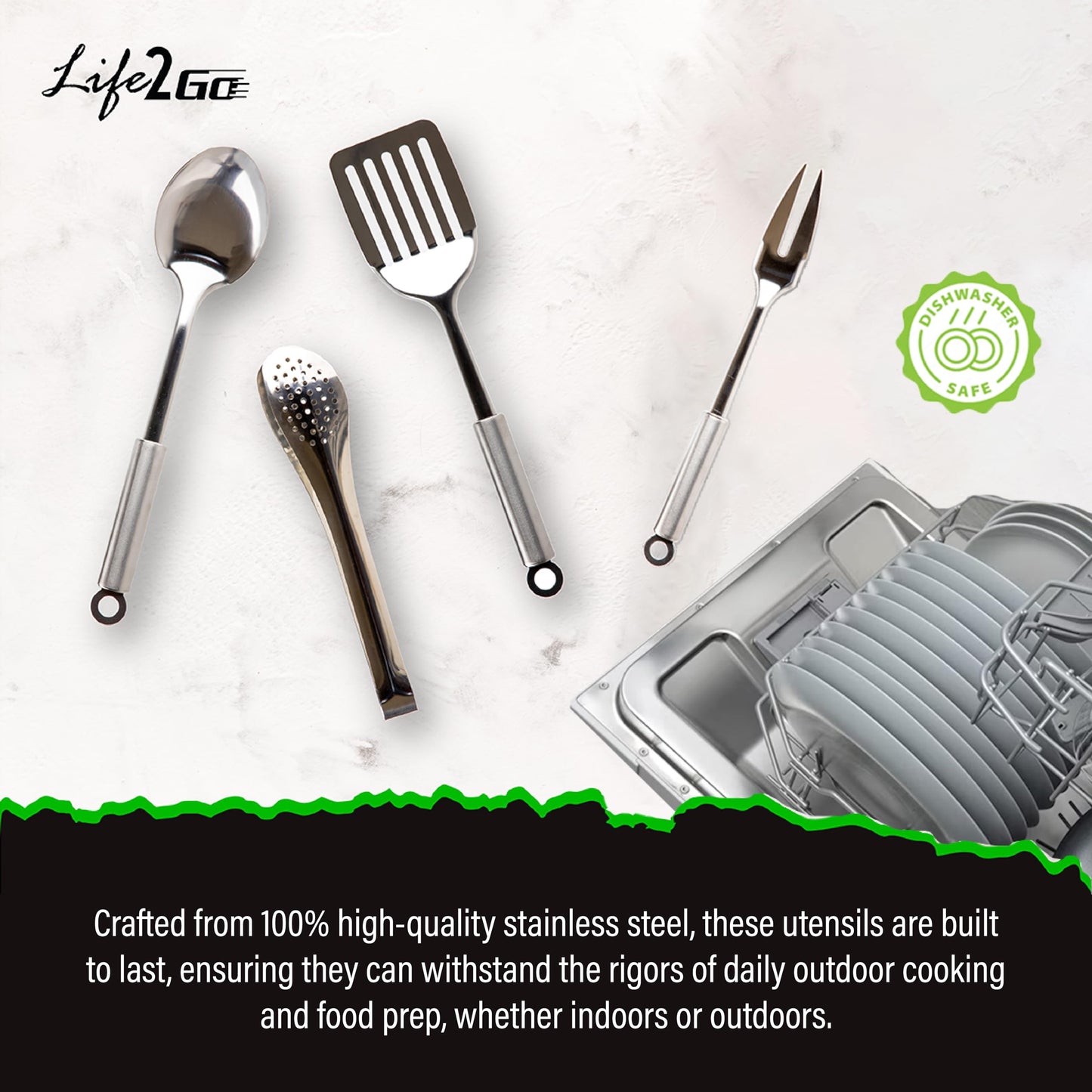 Life2Go 12 Piece Stainless Steel Camping Cooking Utensils Set, Portable Outdoor Kitchen Kit with Chef Knife, Tongs, Spatula, Scissors, Camp Cooking Gear with Carry Case for Hiking, BBQ & Travel, Gray
