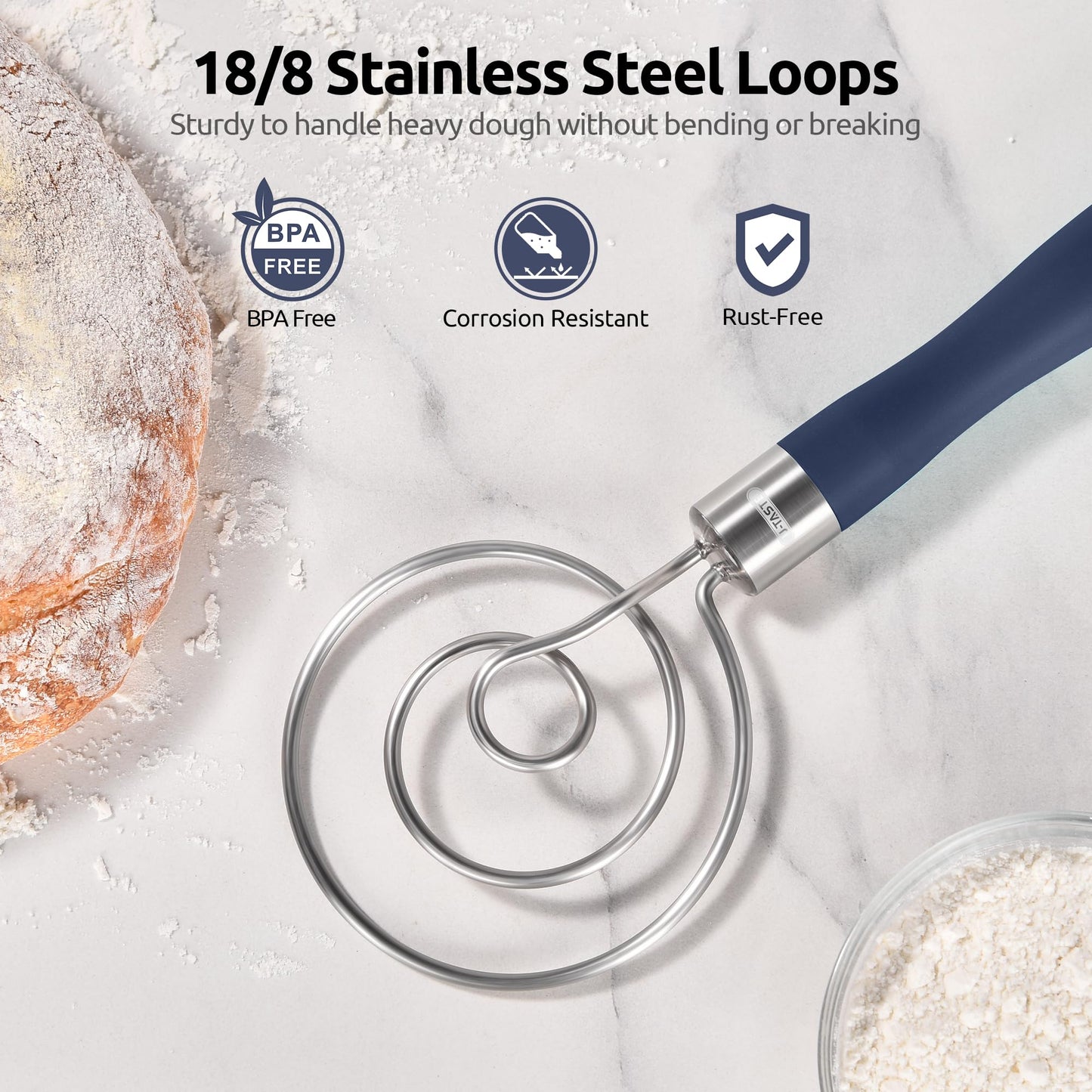 U-Taste 12.6" Danish Dough Whisk: 18/8 Stainless Steel Heavy-Duty Sourdough Mixer Tool, Food Grade Dutch Style Seamless Bread Wisk, Sturdy for Mixing, Stirring, Kneading Thick Batter (Midnight Blue)