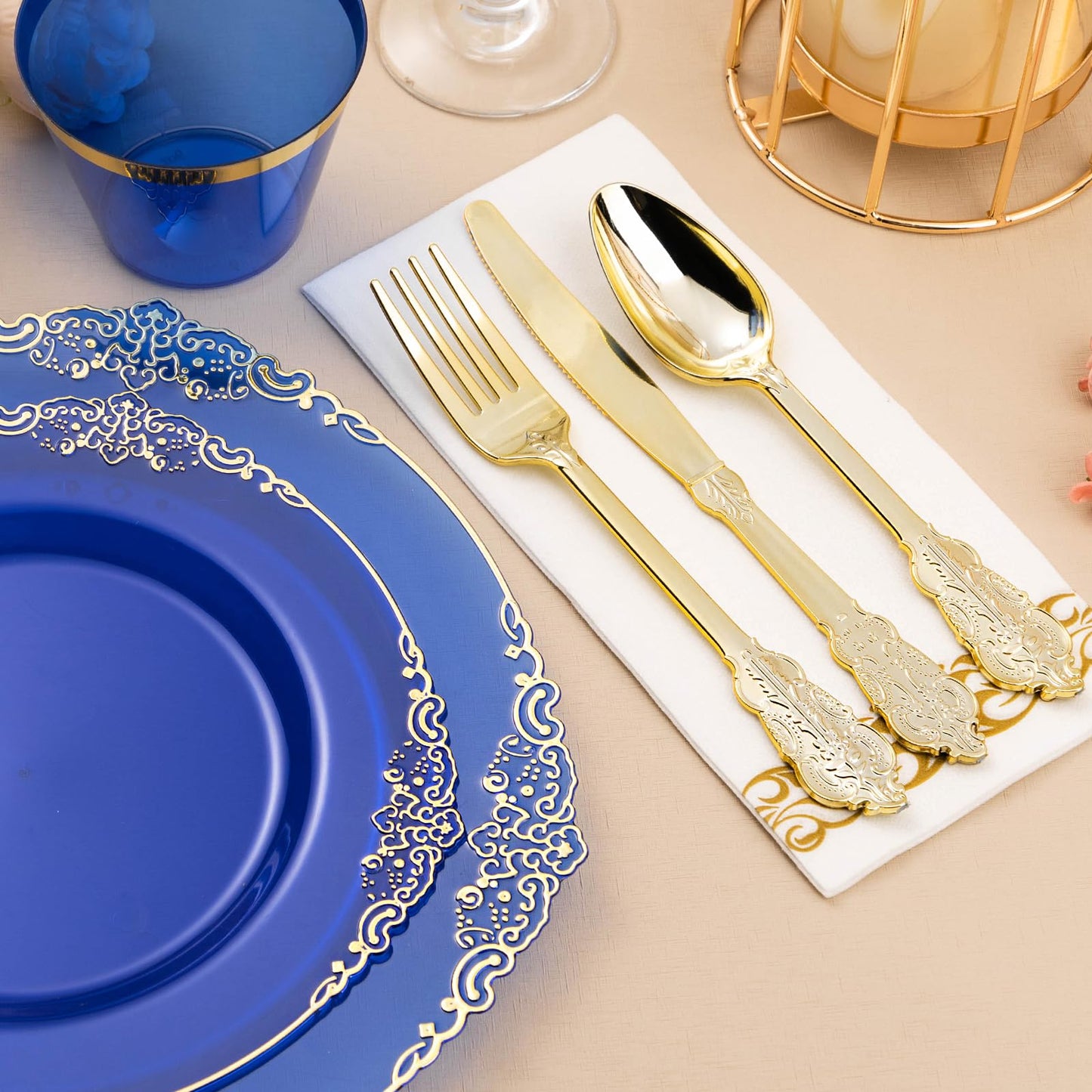 Bestluck 350PCS Clear Blue Plastic Plates for 50 Guests, Disposable Plates with Gold Trim include 50 Dinner and Dessert Plates, 150 Gold Silverware, 50 Cups, 50 Napkins for Party, Wedding & Graduation