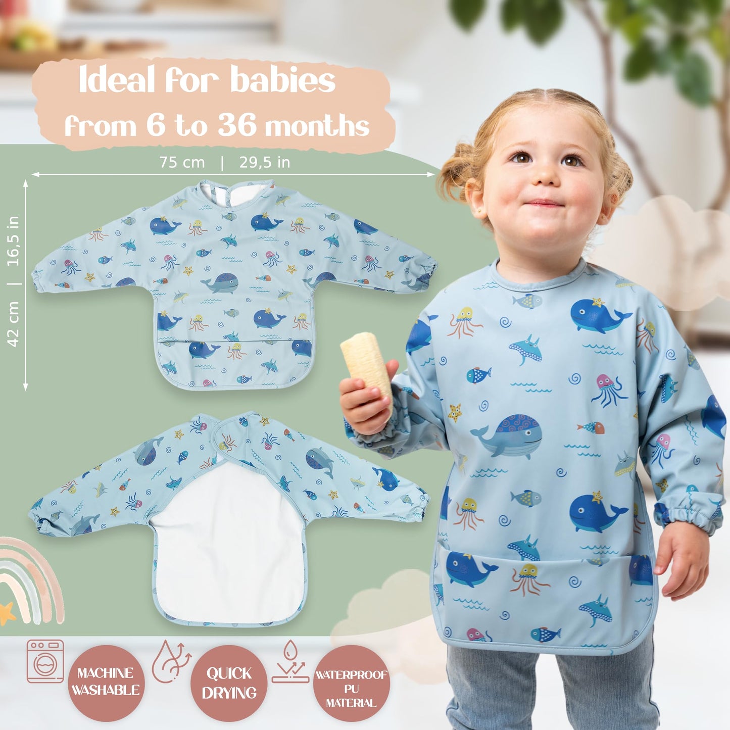 Bornealand® Baby Long Sleeve Bib - Baby Spoons 4 Months and Travel Case – Smock Bibs for Babies - Gender Reveal Gift - New Mom Gift Basket - Newborn Gift Set