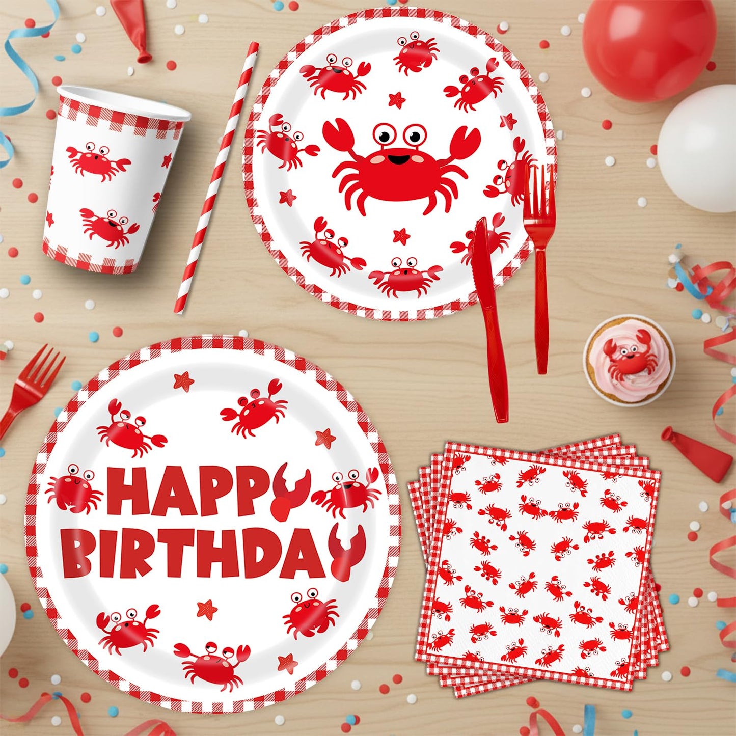 140Pcs Crab Birthday Party Decorations for 20 Guests Tableware Supplies Picnic BBQ Crabs Seafood Boil Party Plates and Napkins Forks Cups Knives Straws for Kids Baby Shower Birthday Party Decorations