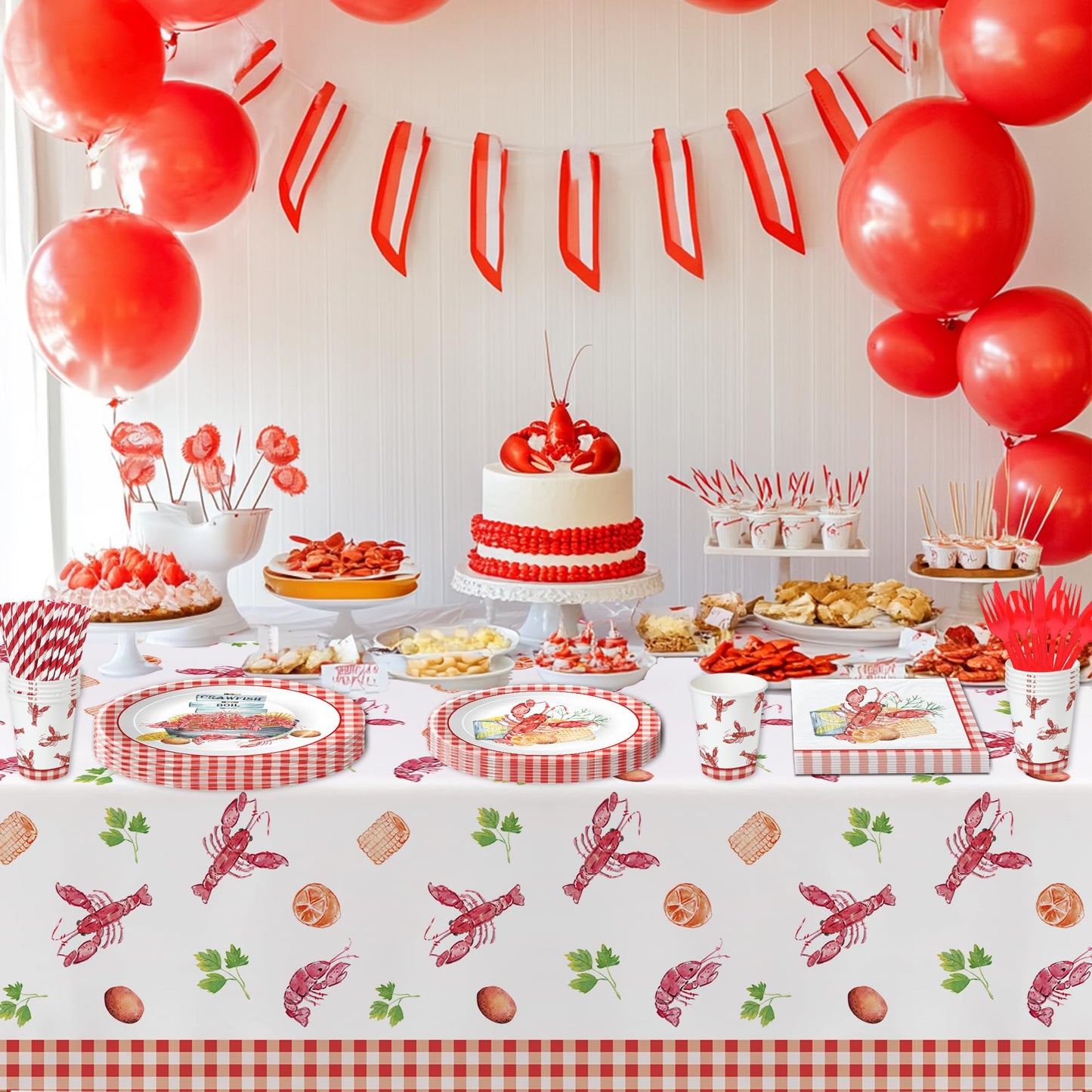 Xigejob Crawfish Boil Party Supplies, Lobster Crab Seafood Boil Party Decorations Tableware for Birthday Baby Shower, Paper Plate, Cup, Napkin, Tablecloth, Disposable Cutlery, Serves 24