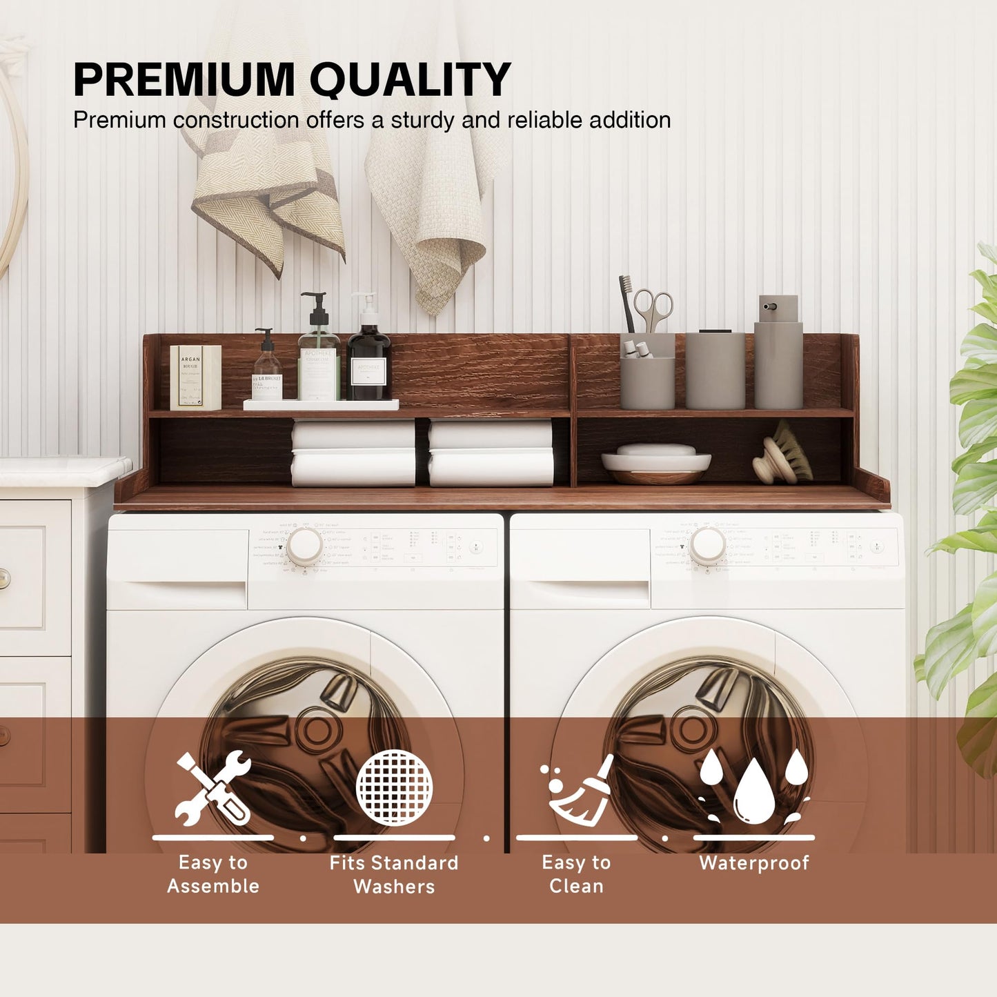 Laundry Topper For Washer And Dryer, Large Laundry Countertop Cover With Non-Slip Pads , 2 Tier Wooden Washer Dryer Topper For Folding Clothes, Laundry Countertop Over Washer And Dryers,Walnut
