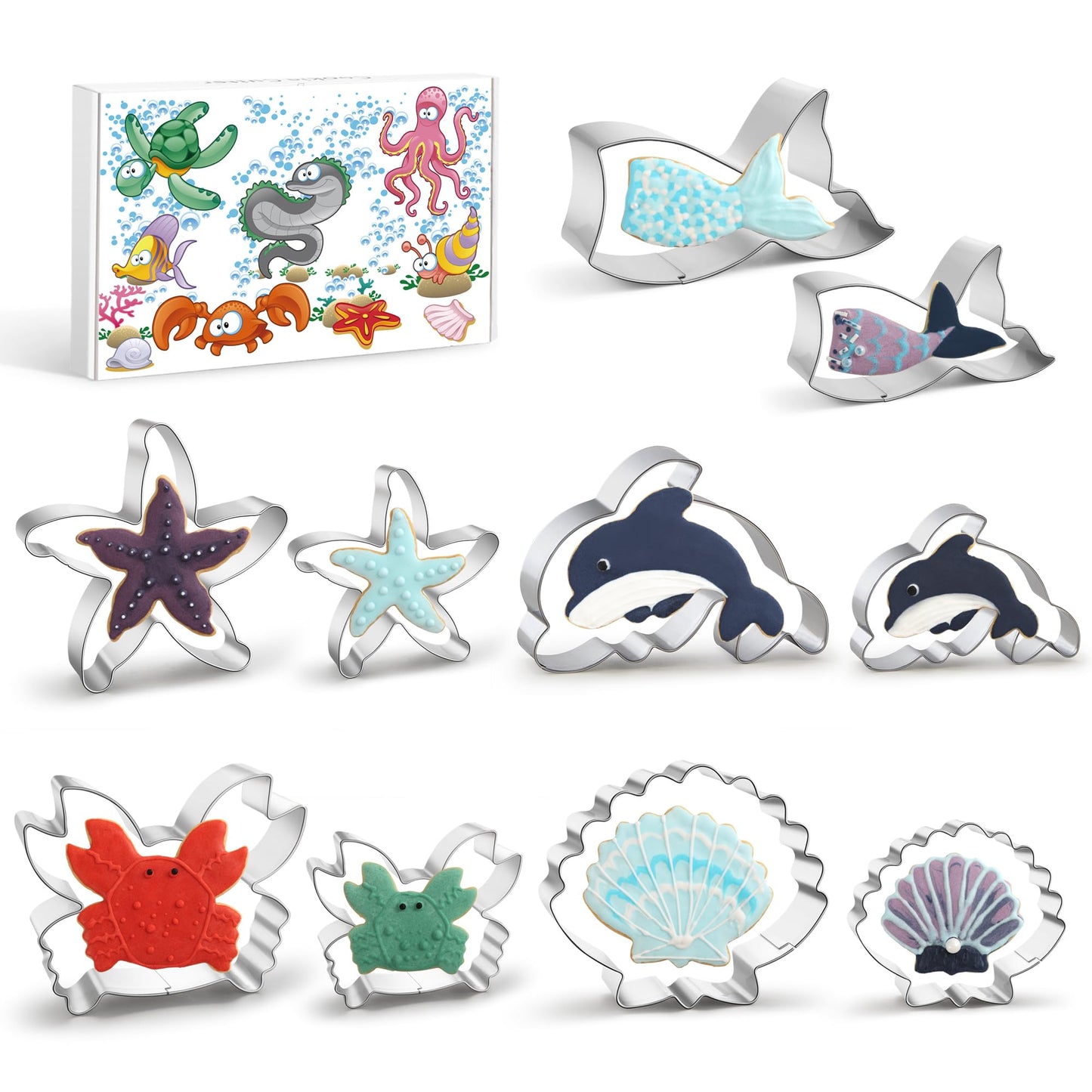 Under The Sea Cookie Cutters 15-Pc. Set, Mermaid Tail, Starfish, Seashell, Dolphin, Crab and More, Large Fun Shapes Biscuit Fondant Cutters, Stainless Steel Sandwich Biscuit Cutter Mold for DIY Baking