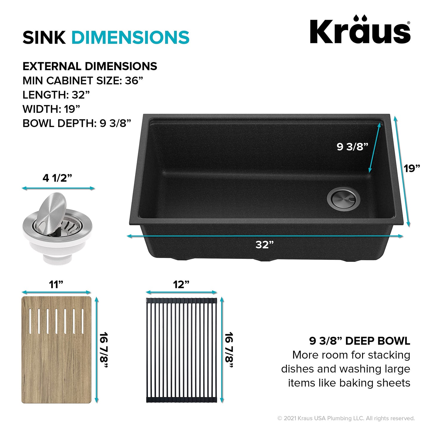 KRAUS Bellucci 32” in. Undermount Workstation Granite Kitchen Sink in Metallic Black with Accessories, KGUW2-33MBL