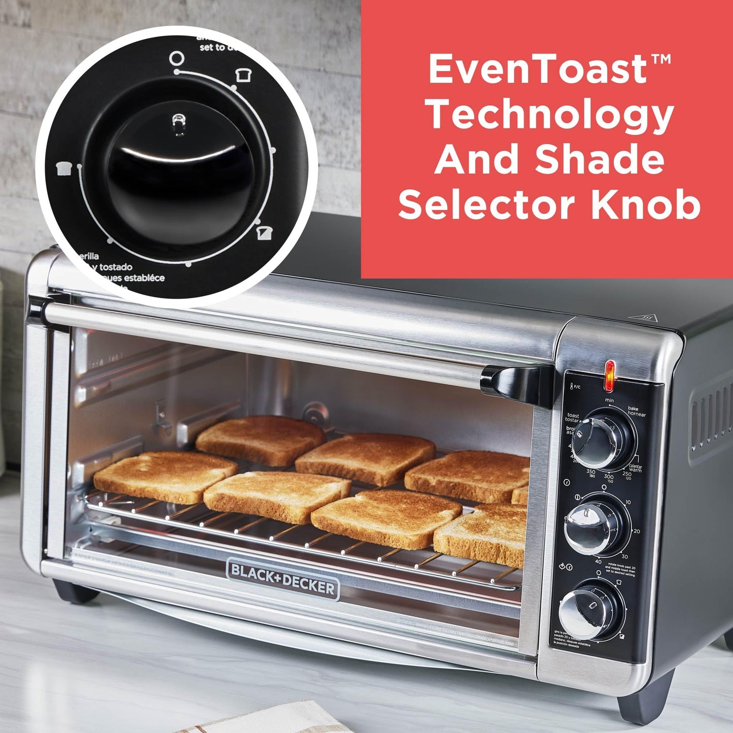 BLACK+DECKER TO3250XSBD 8-Slice Extra Wide Convection Countertop Toaster Oven, Includes Bake Pan, Broil Rack & Toasting Rack, Stainless Steel/Black
