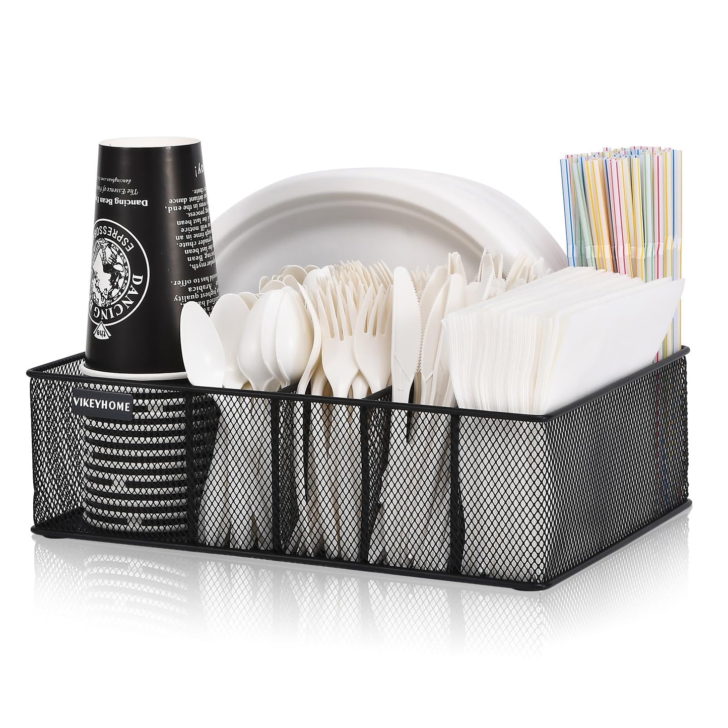 VIKEYHOME Paper Plate Organizer for Countertop, Metal Silverware Caddy with 6 Compartments for Cup, Napkin, Utensil Holder Caddy for Party, Camping, Picnic