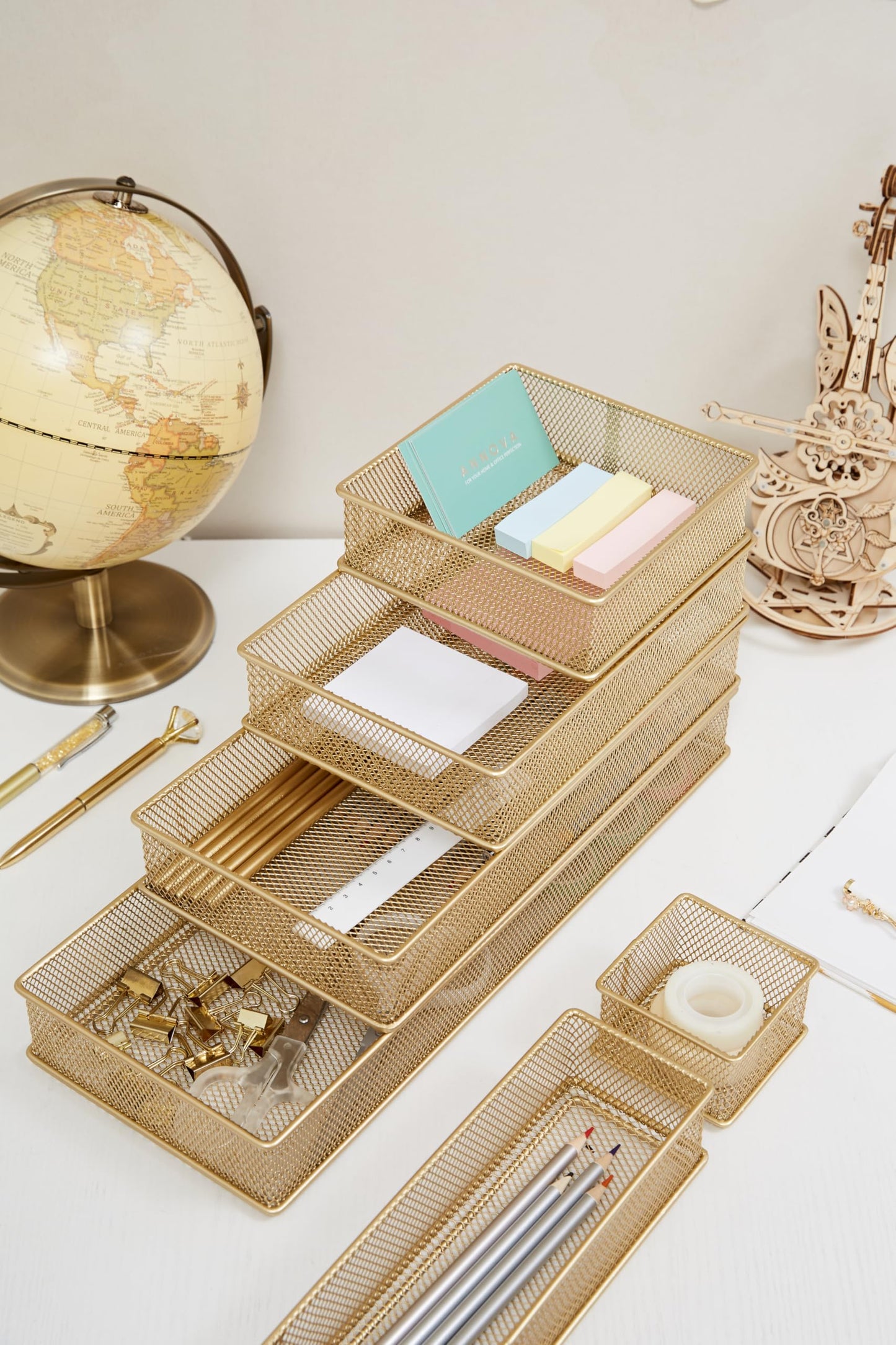 Annova Mesh Stackable Drawer Cabinet and Shelf Organizer Bins Storage Basket School Office Supply Holder Tray- Set of 2 (Gold, 3x9x2 Inch)