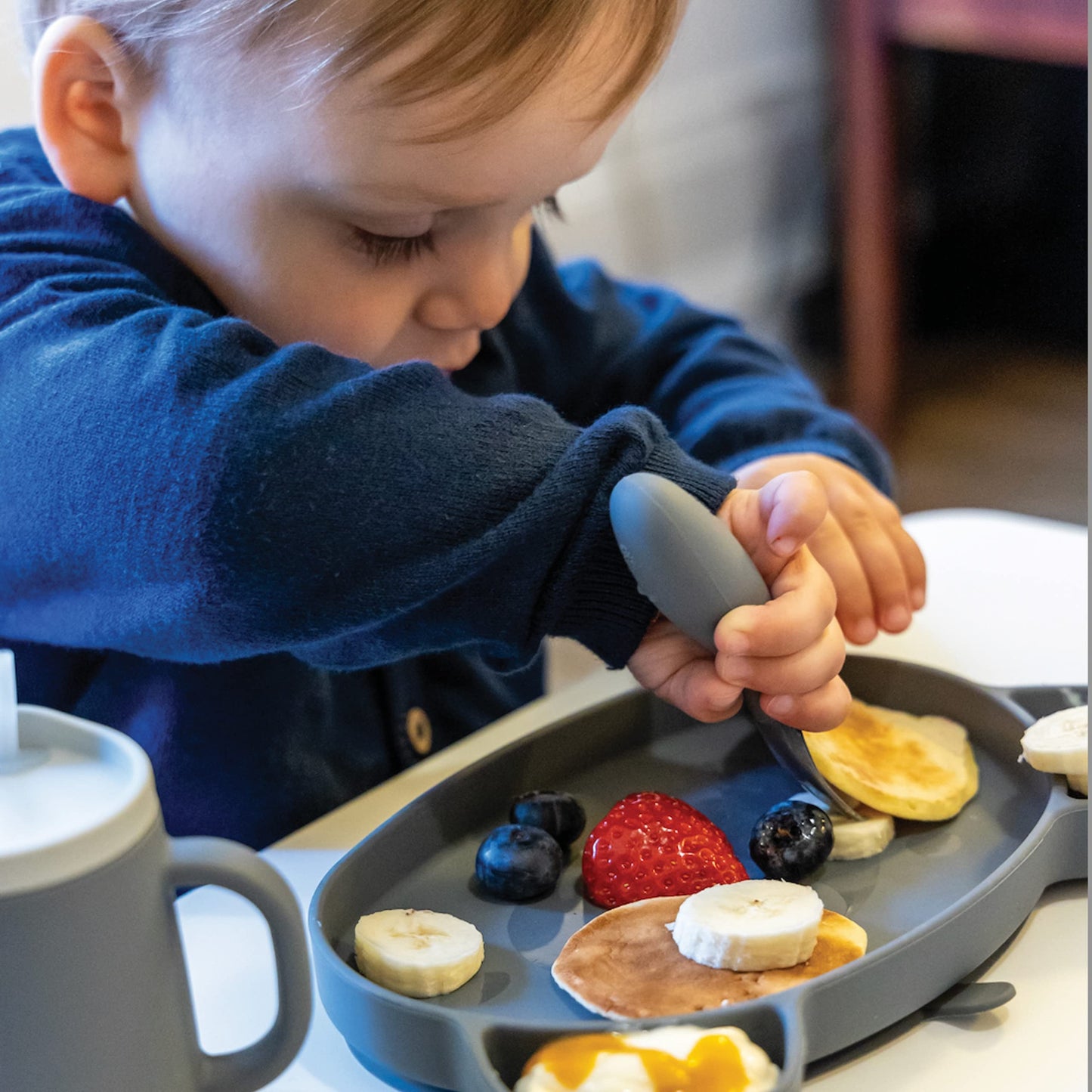 TUM TUM Baby Cutlery Set With Case, Spoon & Fork for Self Feeding, Silicone, 6 Months Plus (Grey)